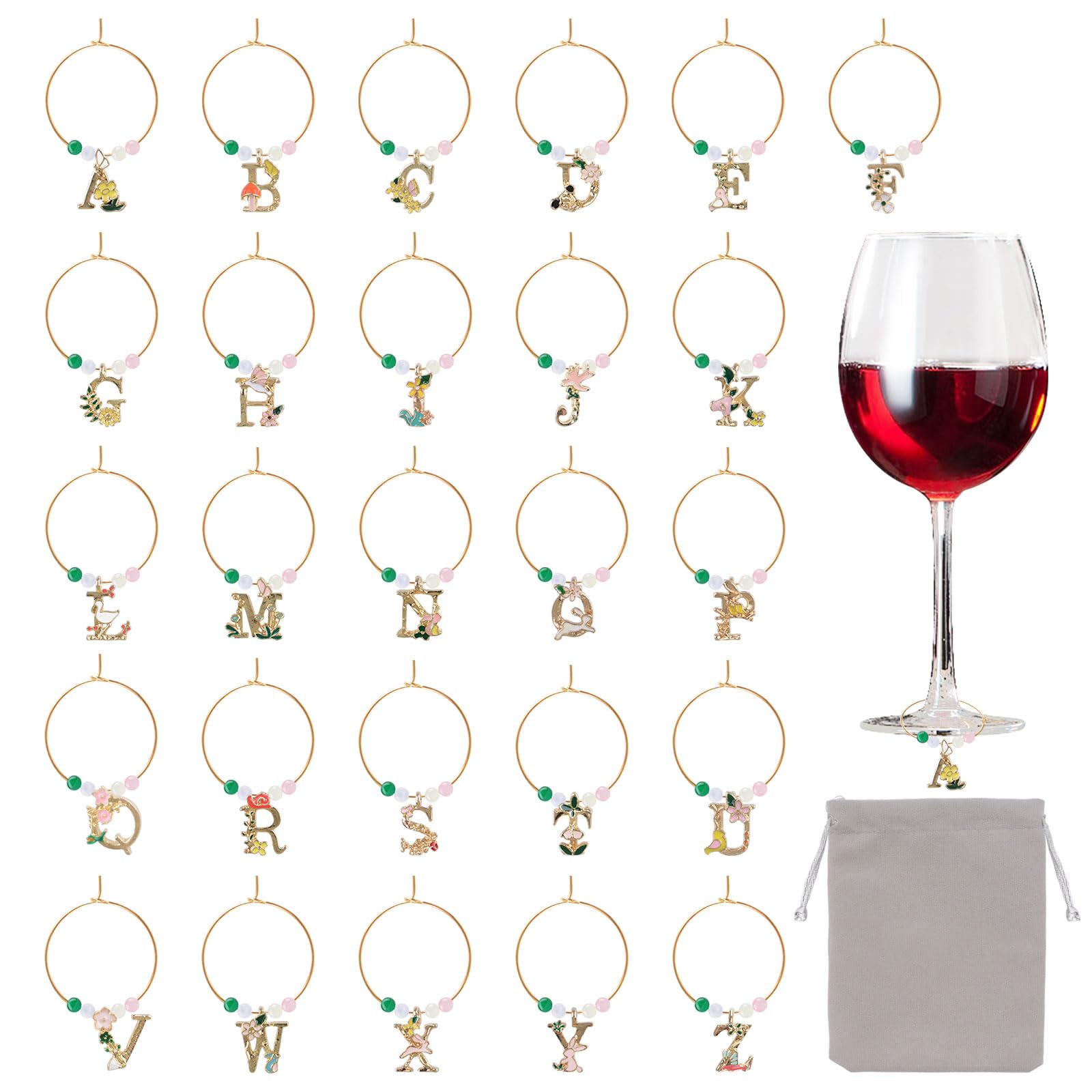 HICOHAND 26 Pcs Alphabet Flower Wine Glass Charms, A-Z Letter Initial Drink Markers for Party Wedding Birthday Reusable Stemware Identification Hanging Pendants