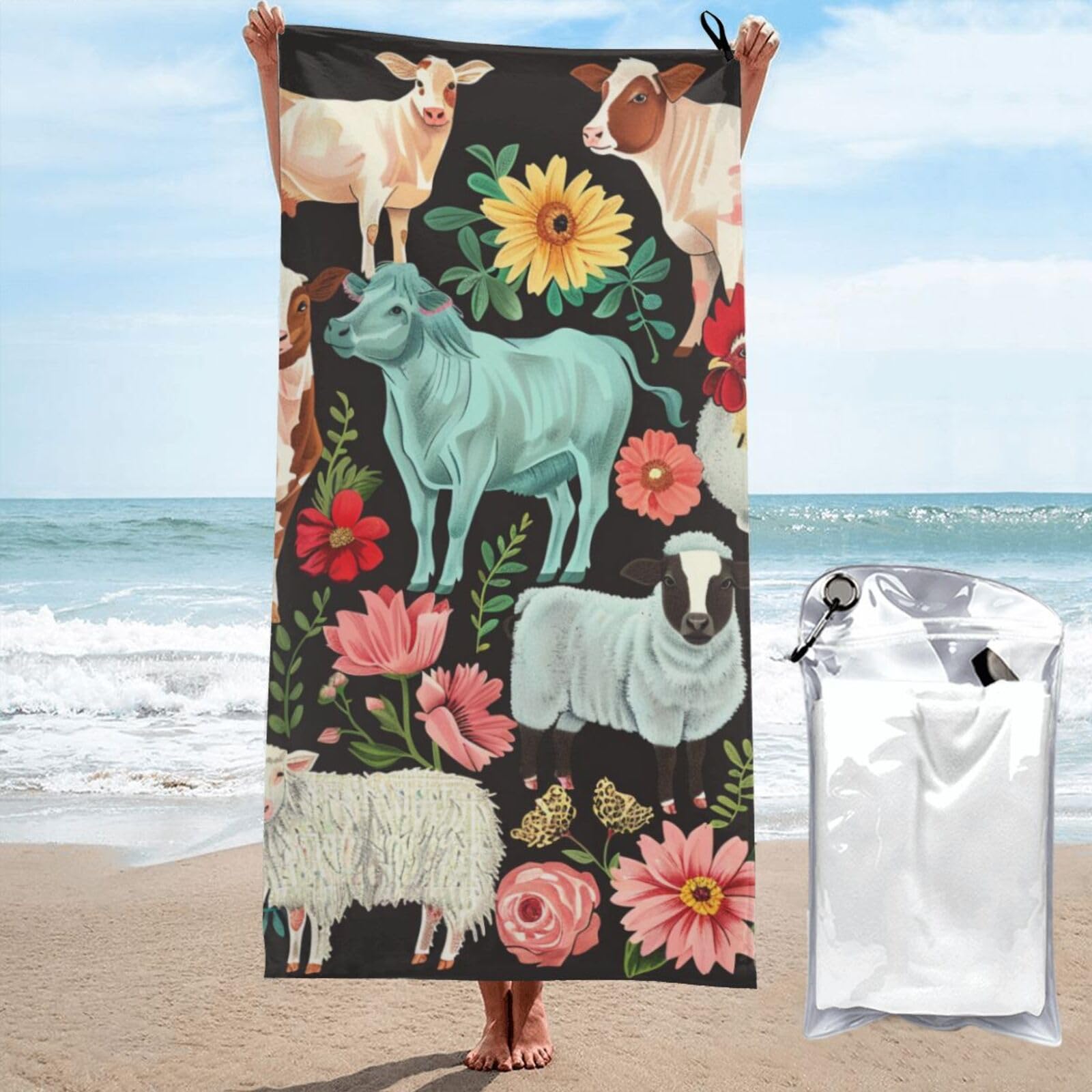 kkvhhyuo Microfiber Beach Towel, Farm Animal Printed Lightweight Quick Dry Travel Bath Sheet with Compact Carry Bag for Swimming Yoga Camping Gym,27.5"x55"