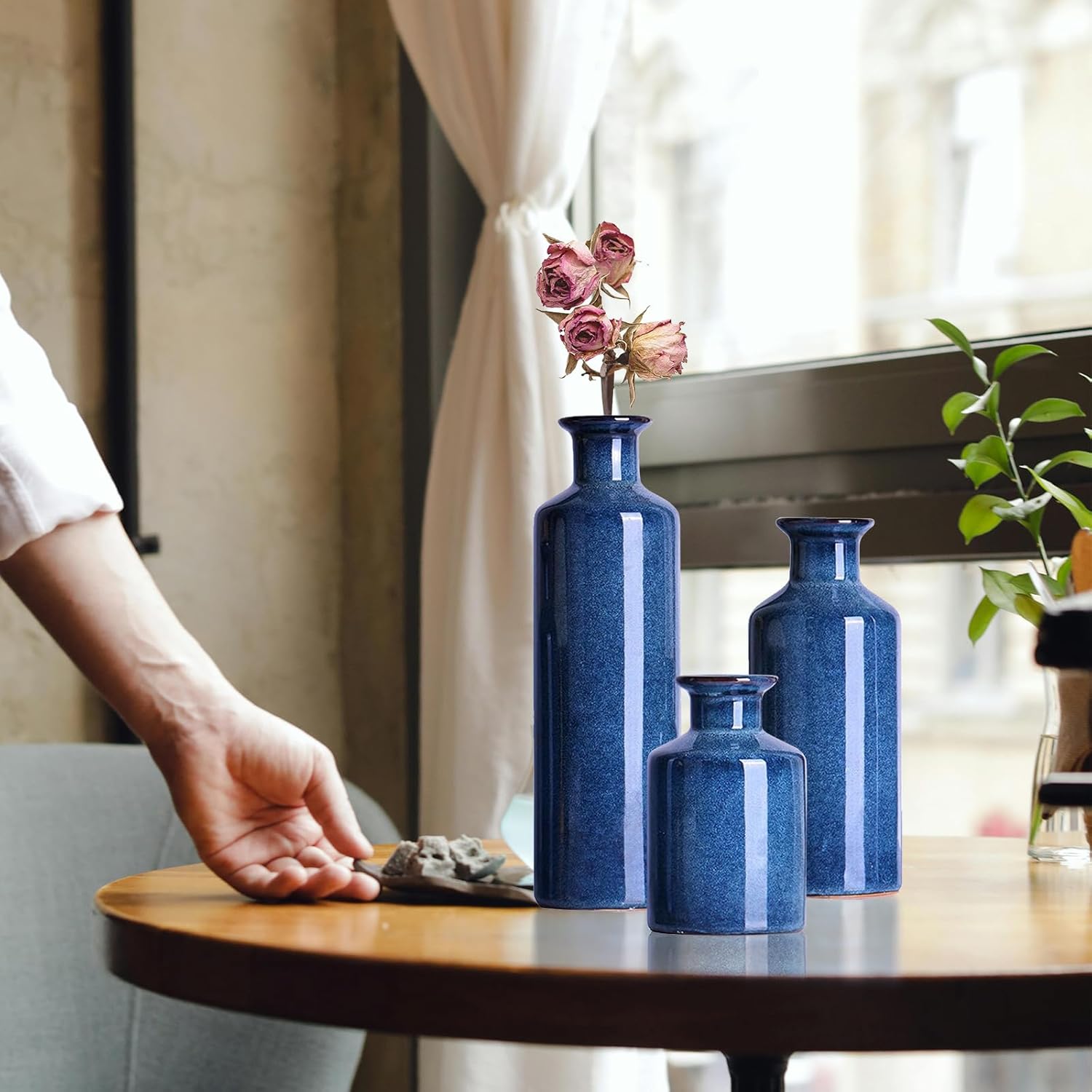 Navy Blue Ceramic Vase Set 3 for Home Decor, Dining Table Centerpiece Farmhouse Fireplace Decor, Living Room Decoration, Bookshelf and Entrance Centerpieces - Image 2