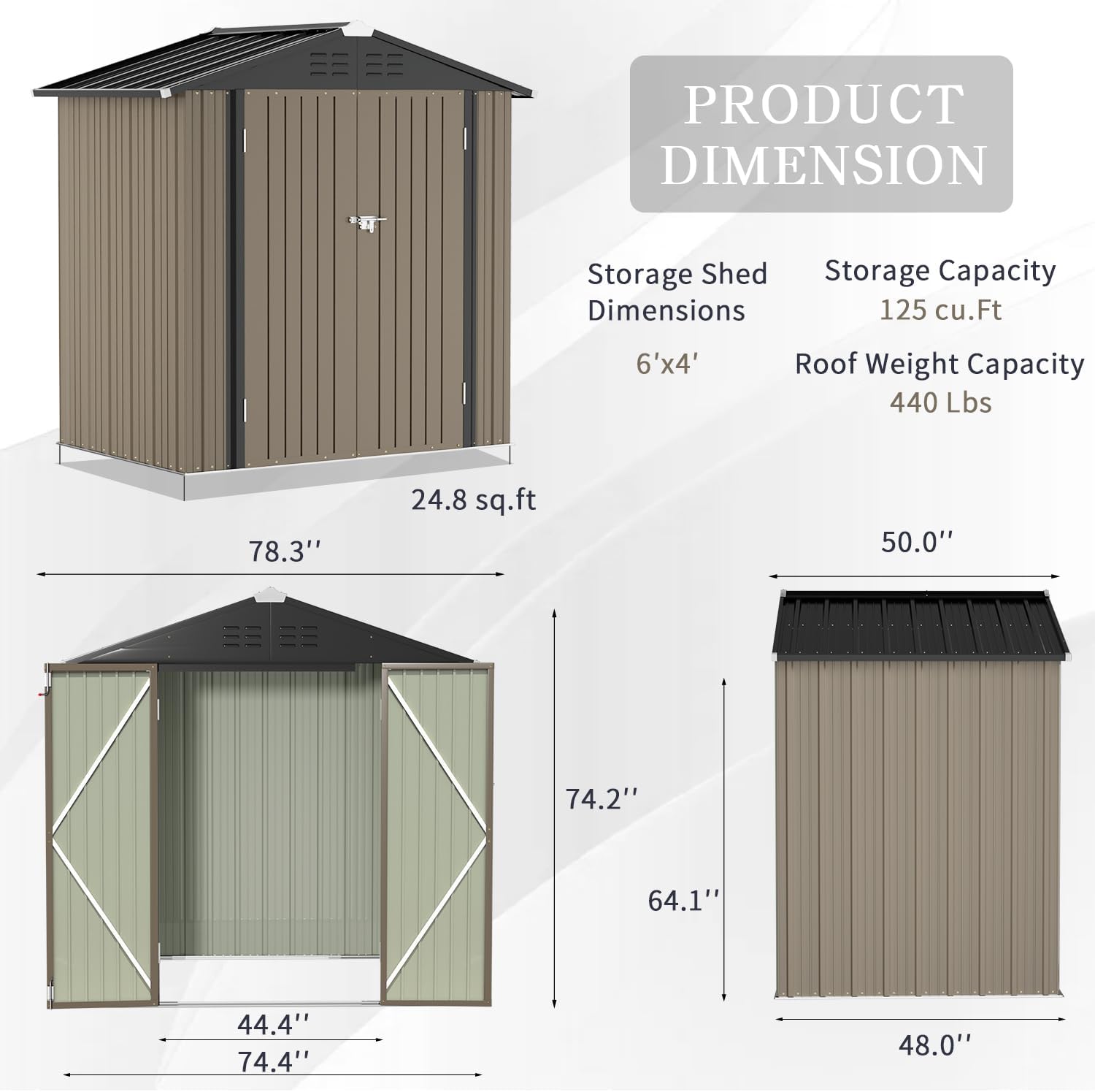 Diagram showing the dimensions of the 6'x4' Greesum storage shed, including height, width, and depth.