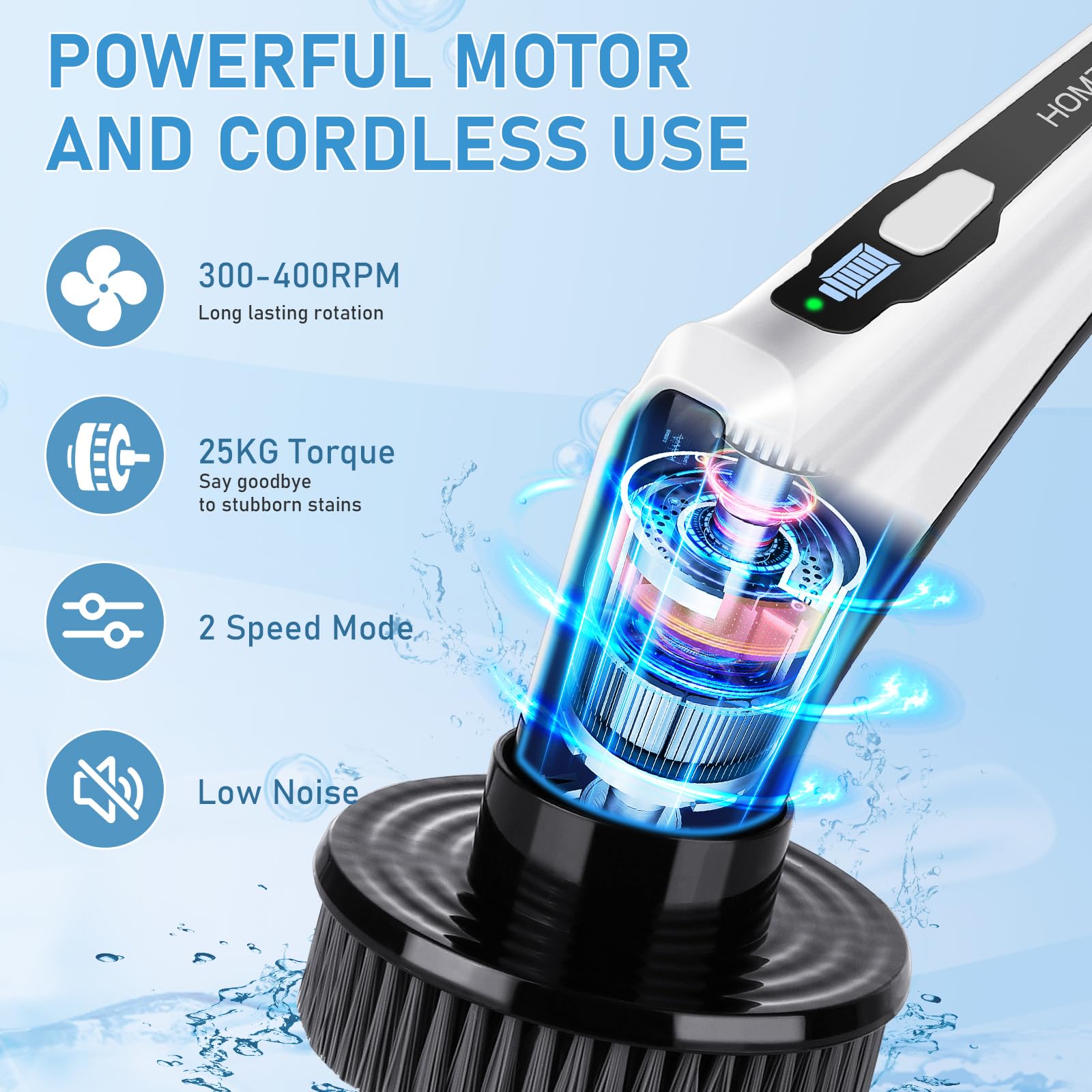 Brosse Électrique Rotative Pliante Homtronics - Nettoyage Puissant IPX8 Imperméable Avec Tige Télescopique 137cm Et 8 Têtes Pour Salle De Bain, Voiture & Fenêtres