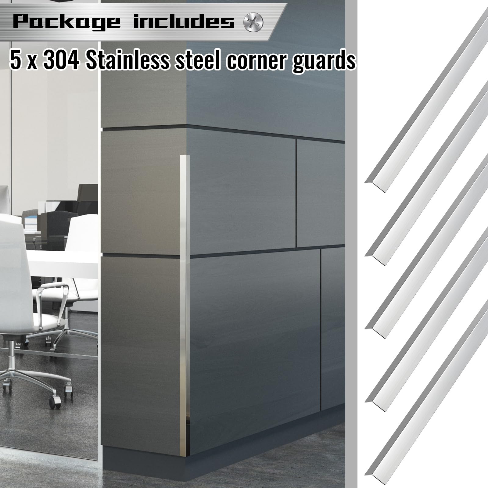 Therwen 5 paraspigoli in acciaio inox, protezione per angoli da parete (2,5 x 2,5 x 122,7 cm)