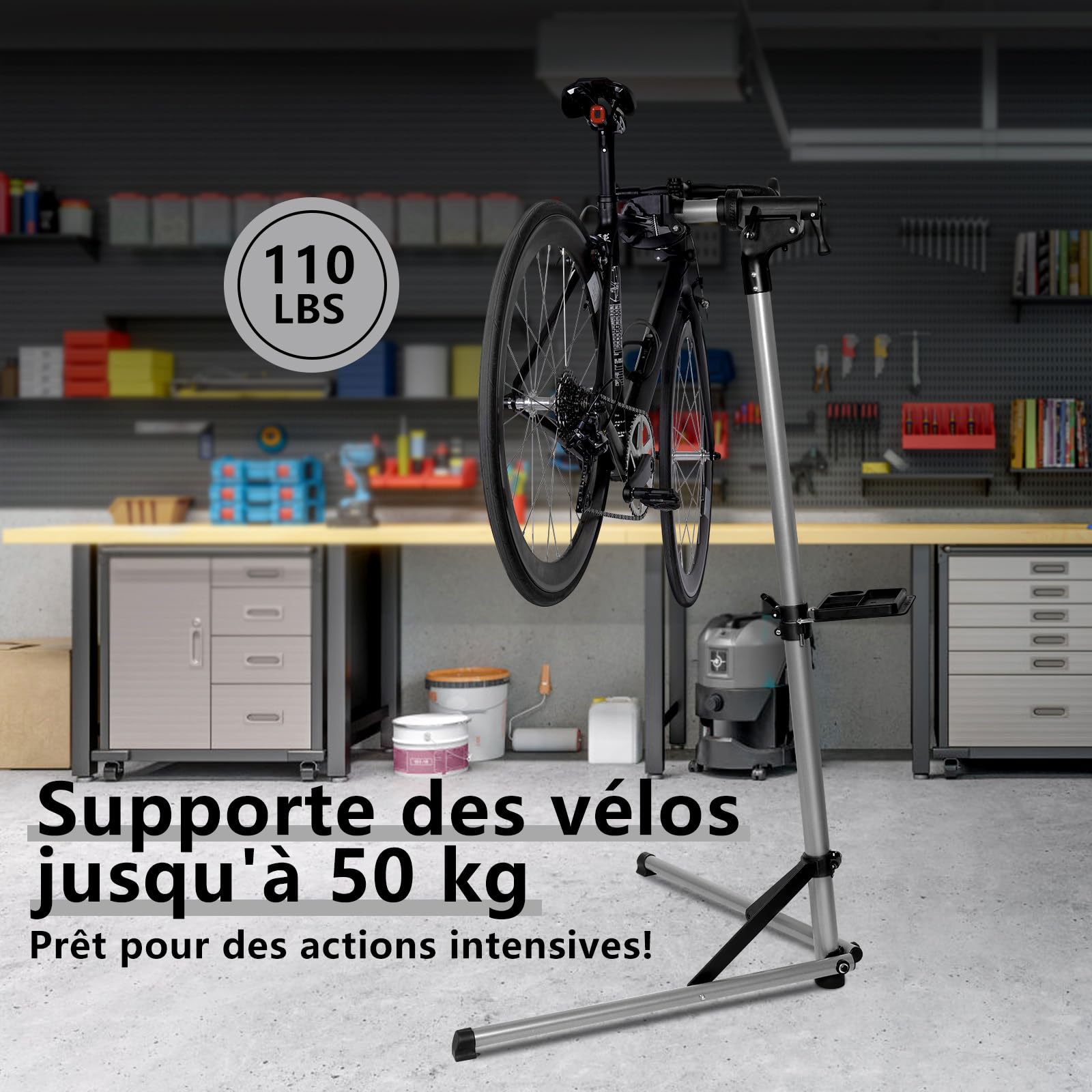 Urban Deco Support de réparation de vélo en aluminium pour l'entretien, capacité de 30,8 kg, réglable en hauteur, pince rotative à 360°, plateau à outils inclus, argent