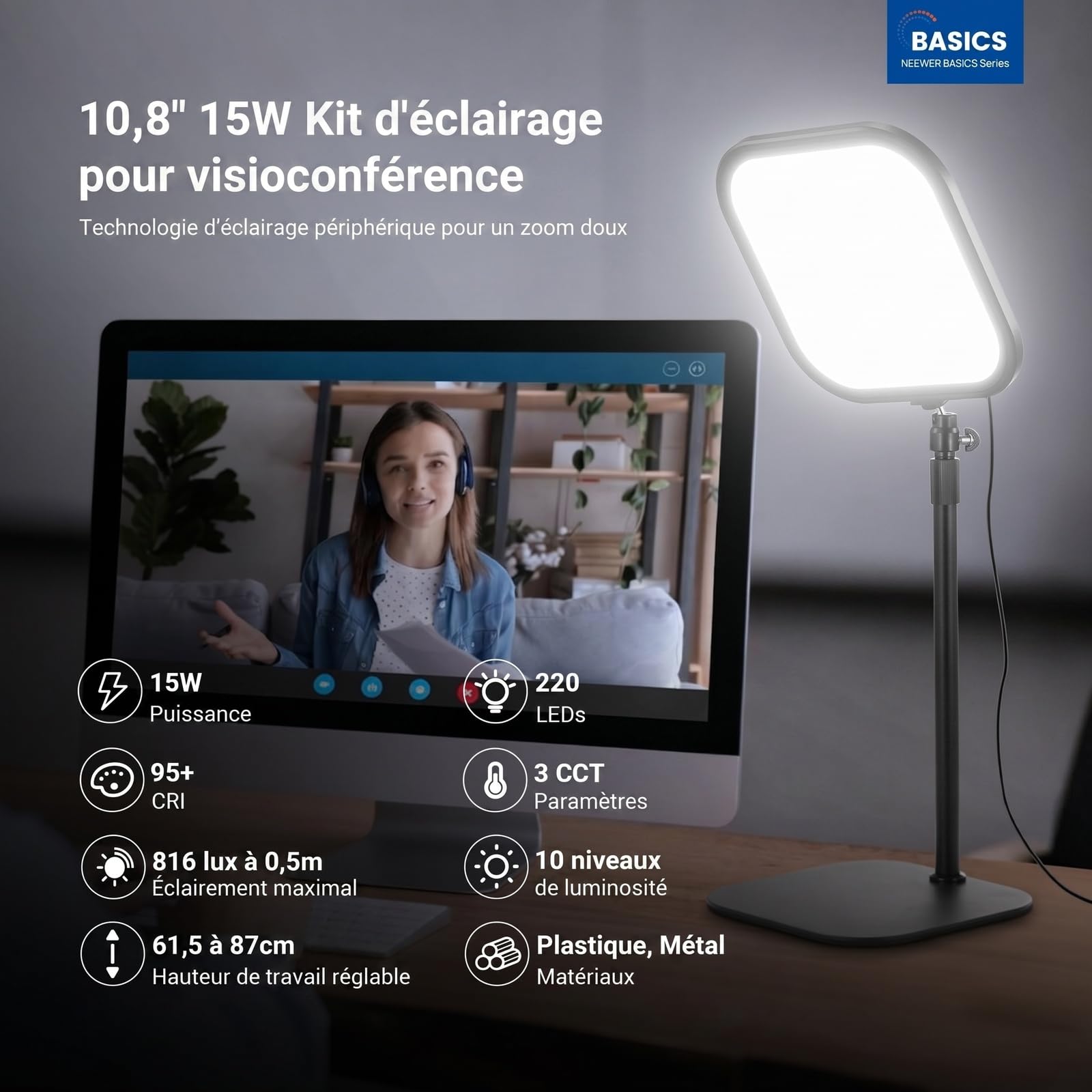 NEEWER Basics Éclairage Visioconférence 27,4cm,15W Bicolore,L220