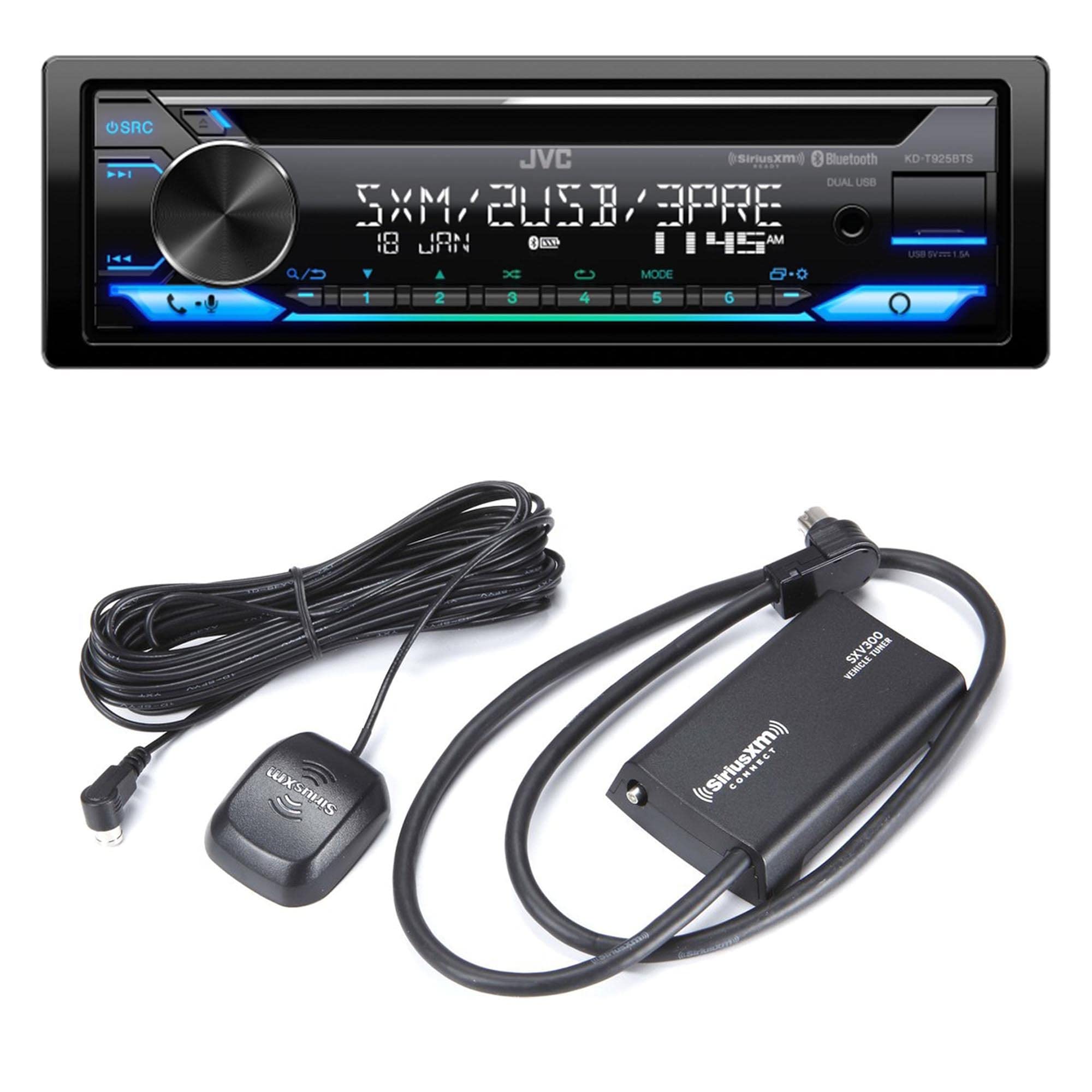 JVC KD-T925BTS CD Receiver Featuring Bluetooth®, Front & Rear Dual USB, Sirius XM, Amazon Alexa, 13-Band EQ, Variable-Color Illumination, with SXV300v1 Satellite Radio Tuner