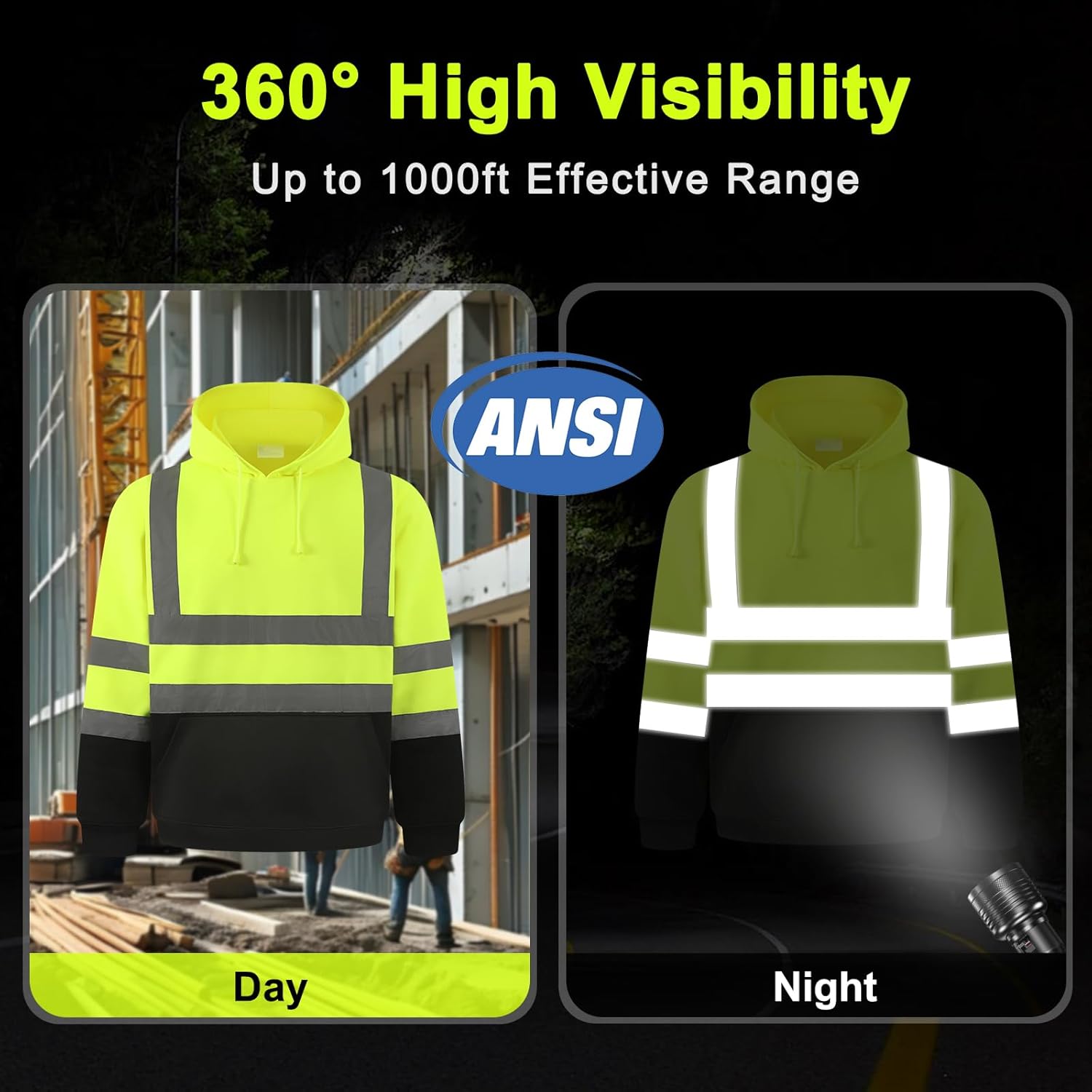 HYCOPROT High Visibility Sweatshirt ANSI Class 3 Reflective Safety Hoodie Hi Vis Hooded Pullover with Black Bottom…