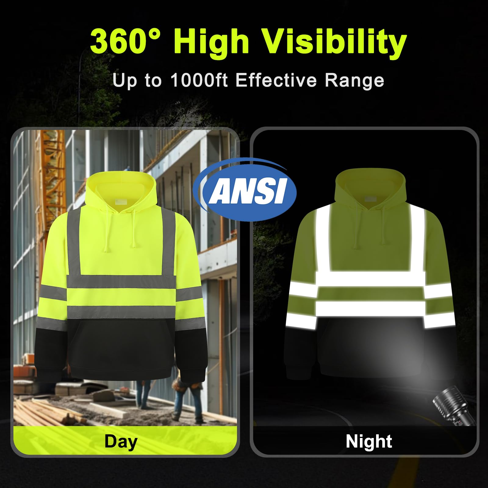 HYCOPROT Sudadera de Alta Visibilidad Forro Polar Reflectante de Seguridad Chaqueta de Trabajo con Capucha Bolsillos Cordón de Chaqueta de Seguridad Top con Cordón para Hombre y Mujere EN ISO 20471