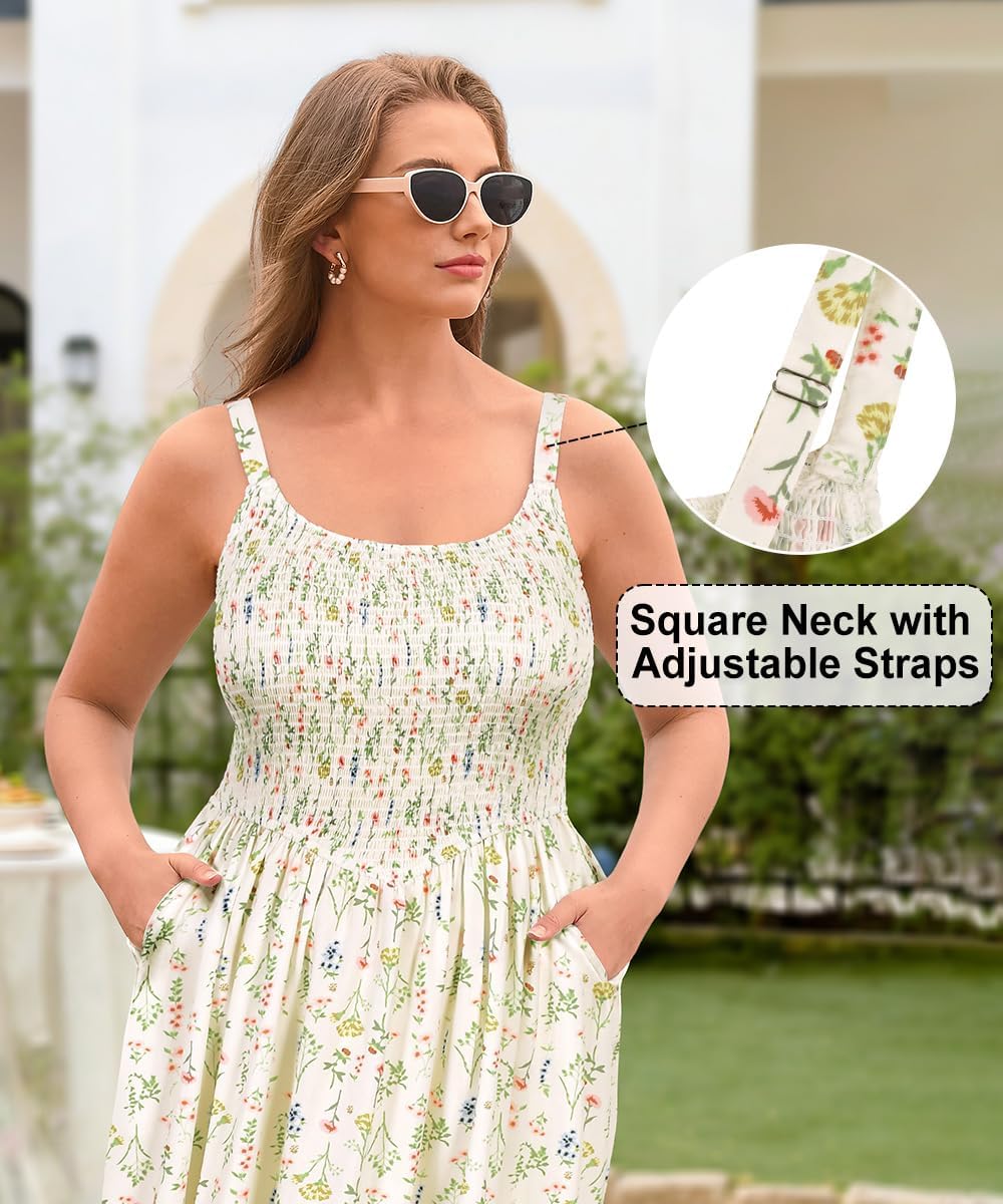 RITERA Plus Size Dresses for Women Square Neck Spaghetti Strap Summer Maxi Dress Sleeveless Smocked Floral Boho Beach Dress - Image 4