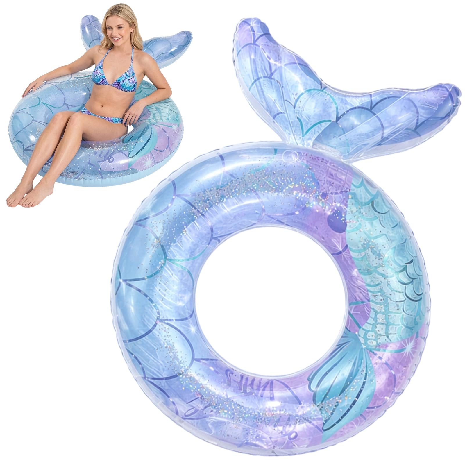 Swim Ring, Pool Floats, Mermaid Pool Inflatables Swimming Rings, Blue Cute Sparkly Swimming Float Inflatable, Leak-proof Swimming Ring for Outdoor Summer Beach Water Sport Pool Party Supplies