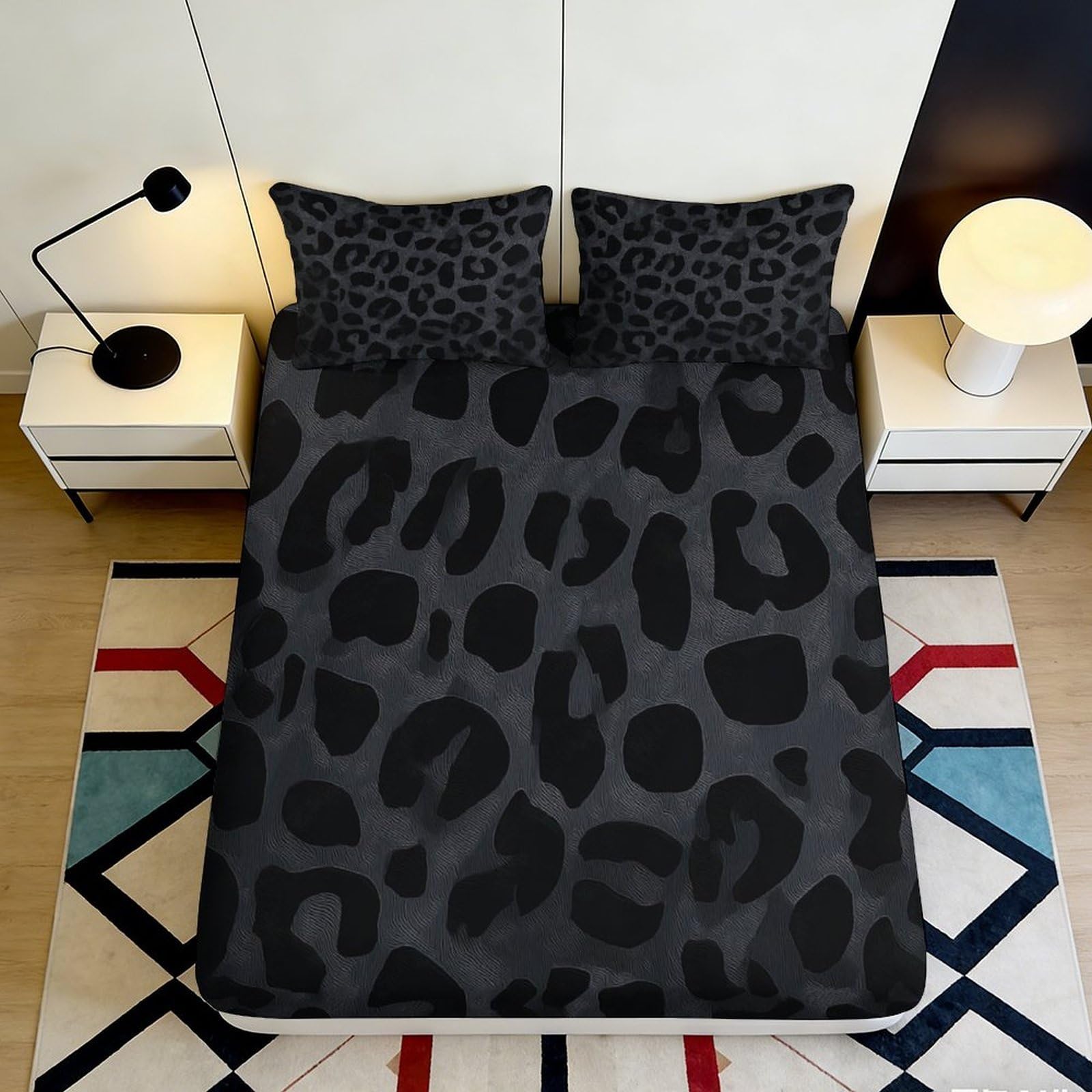 3D Printed Black Leopard Fitted Sheet Microfiber Soft Breathable Abstract Animal Mattress Cover for Bedroom Guest Room Decor 90x200x25cm