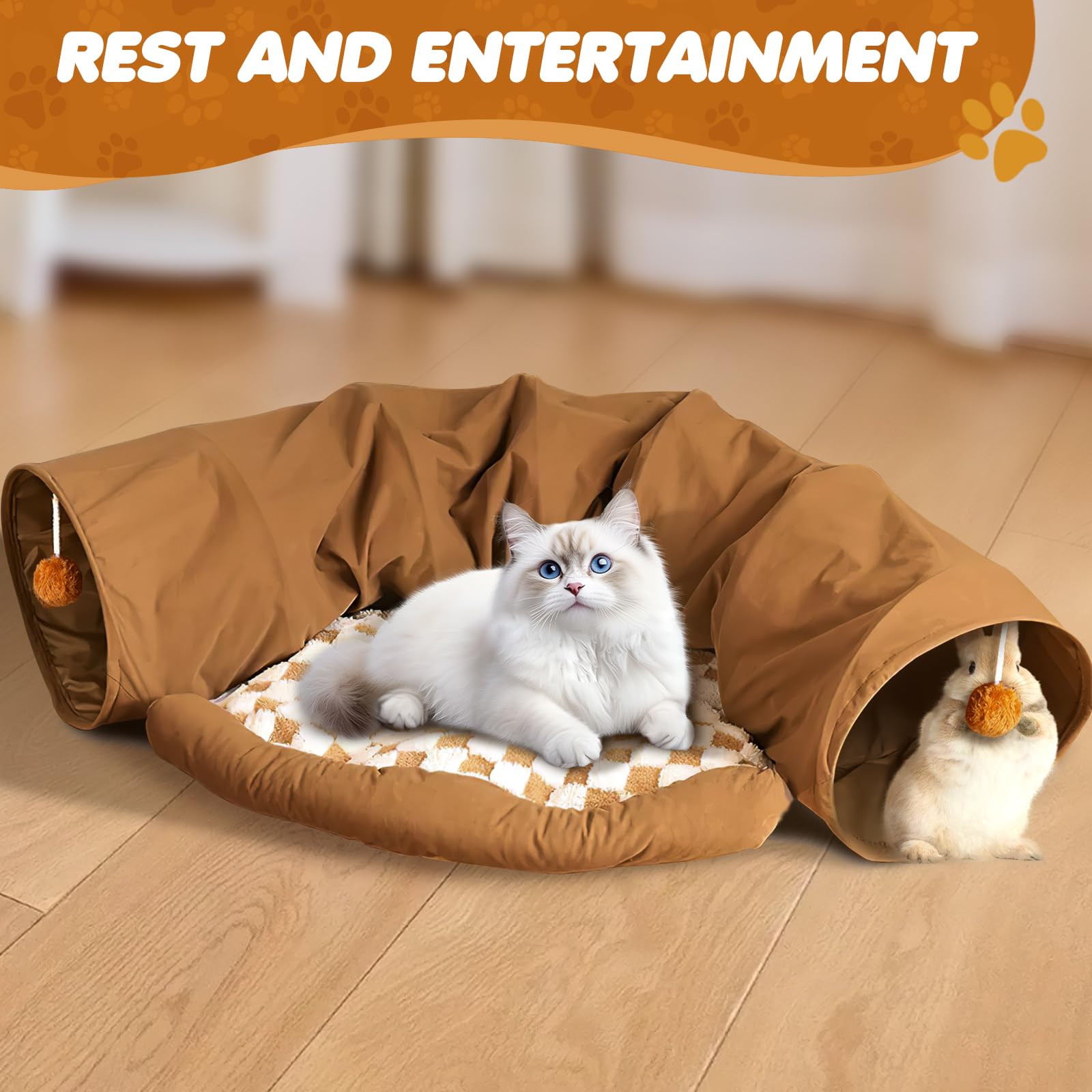 Spardar Tunnel per Gatti, Tunnel Pieghevole 2 in 1 per Conigli, Lavabile, con Nascondiglio Rimovibile, Giocattolo Interattivo per Conigli, Cincillà, Ricci, Porcellini d'India e Gattini,Kaki