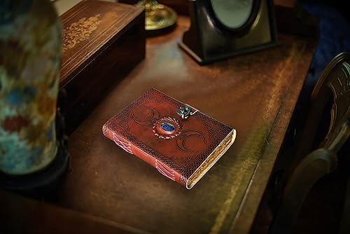 Miniatura 43 de cuero Diario de cuero vintage con relieve de lapiz azul de 3 lunas para hombres y mujeres, 140 páginas, papel vintage antiguo hecho a mano, diario