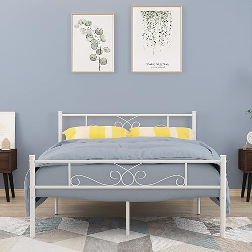Weehom Full Bed Frame Platform Metal Mattress Foundation/Box Spring Replacement Under Bed Storage Platform Bed Kids Bed White