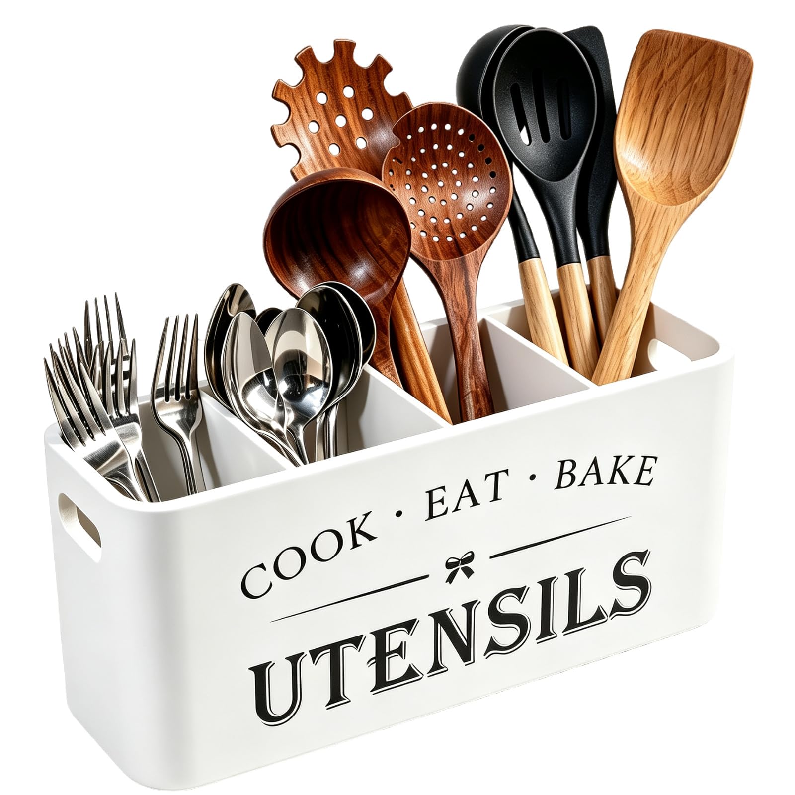 Wooden Kitchen Utensil Holder Organizer for Counter or Countertop, Large Wooden Utensil Holder for Storage Cooking and Silverware with 4 Compartment,Rustic Wood Container Extra Large-white