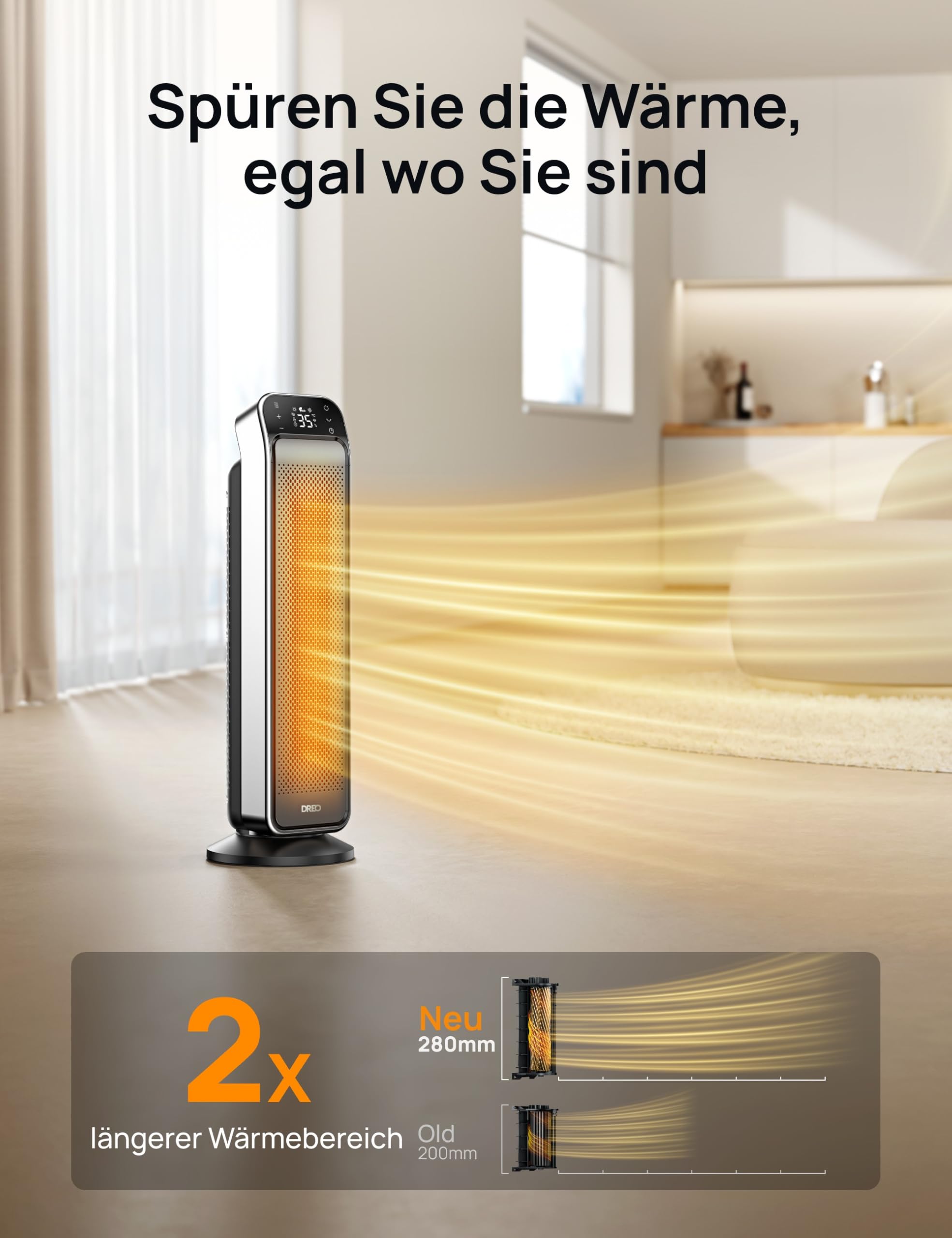 Dreo Solaris Max Heizlüfter 2000W Keramik Heizung Elektrisch mit Fernbedienung Thermostat 25 Zoll 3 Modus 12-Std-Timer