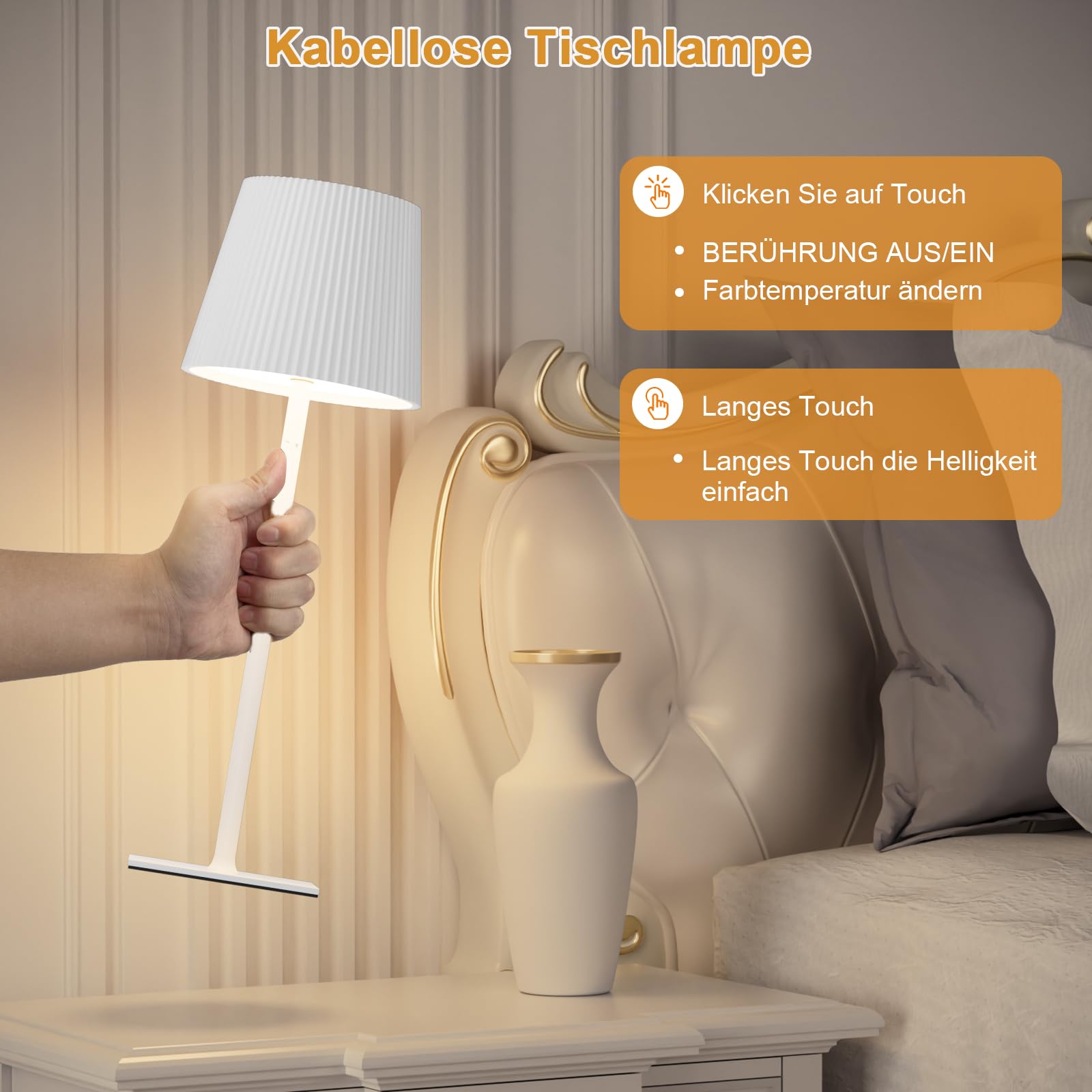 Lampada da Tavolo Senza Fili Touch Dimmerabile Ricaricabile 3 colori 4800mah Luce Notturna Lampada da Comodino USB-C Metallo Adatto per interni ed esterni Bianco (2 pezzi)