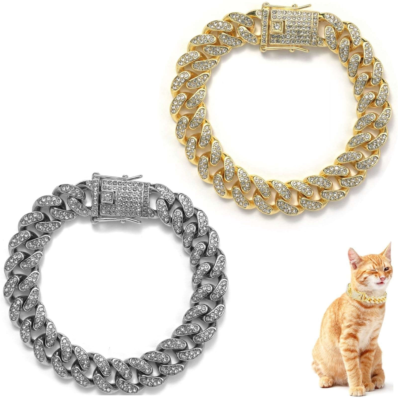 Cat Chain Collar, 2 Pcs Diamond Cuban Link Metal Chain Collar with Secure Buckle ，Adjustable Rhinestone Pet Necklace Jewelry Accessory for Kittens, Puppies (30cm)