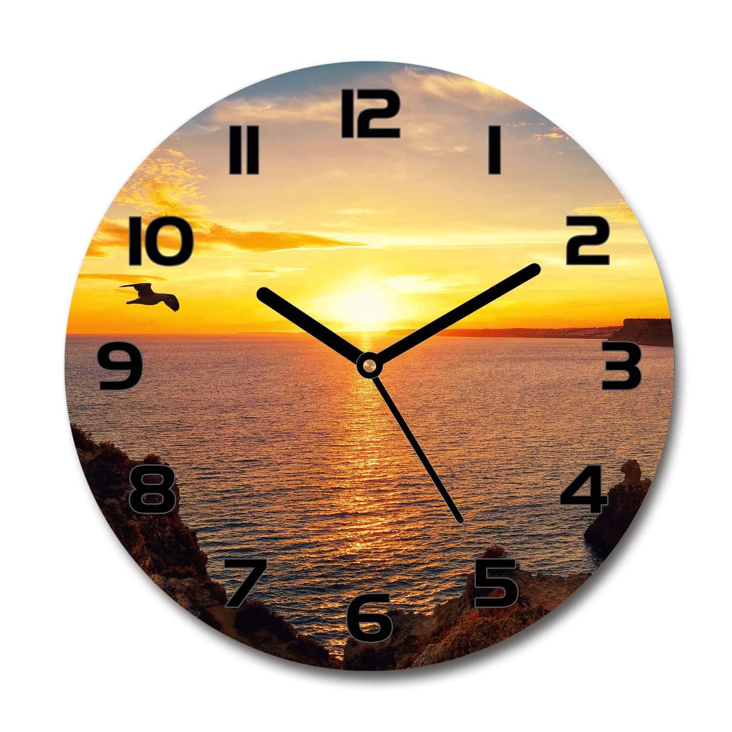 Horloge en verre rond 30cm Tulup avec un motif de coucher de soleil silhouette noire