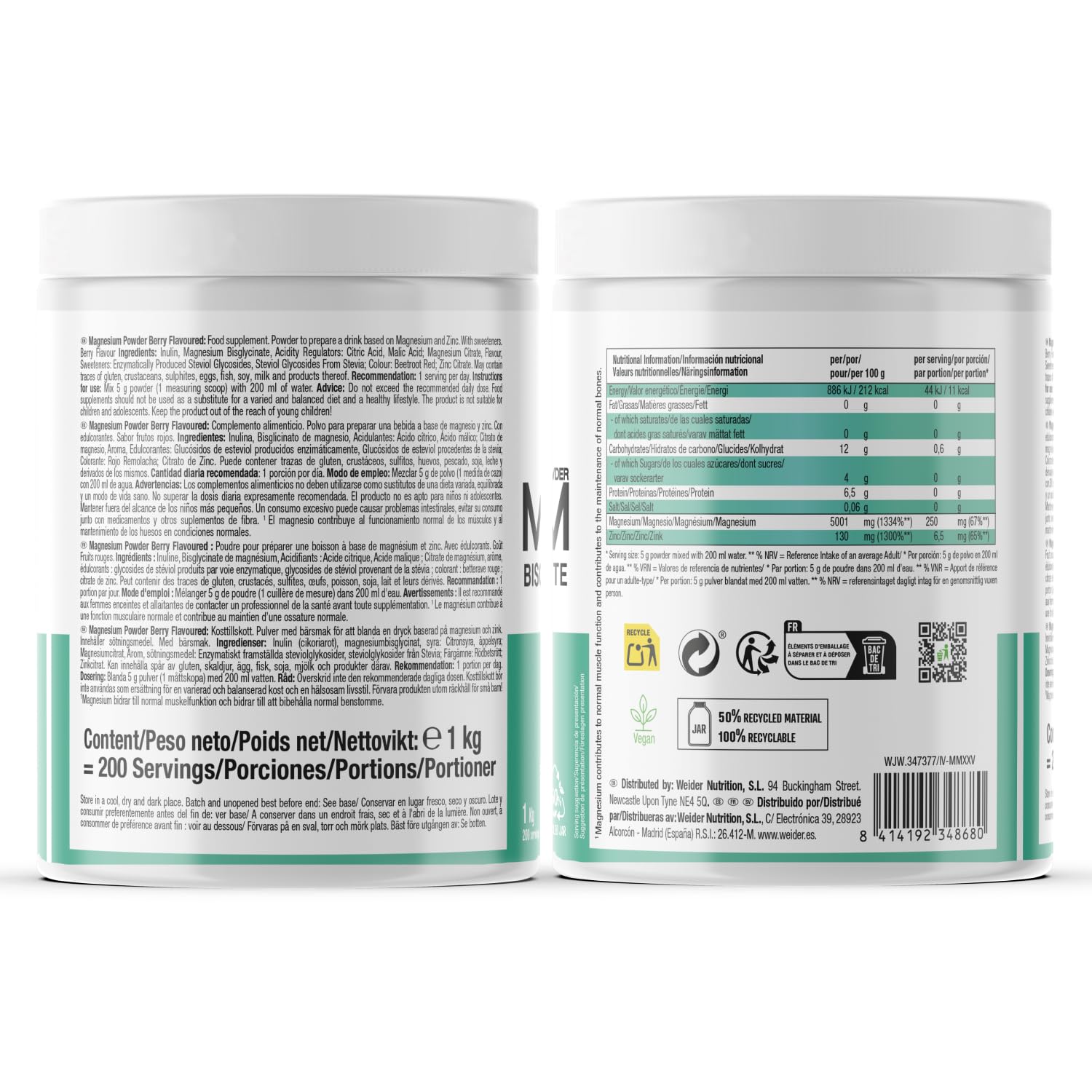 Weider Magnesium Powder (1kg) Goût Fruits Rouges, 250mg /portion Bisglycinate et Citrate de Magnésium en poudre avec du Zinc, Aide aux Muscles et Os, Réduit la Fatigue, Sans Sucres Ajoutés, Végan
