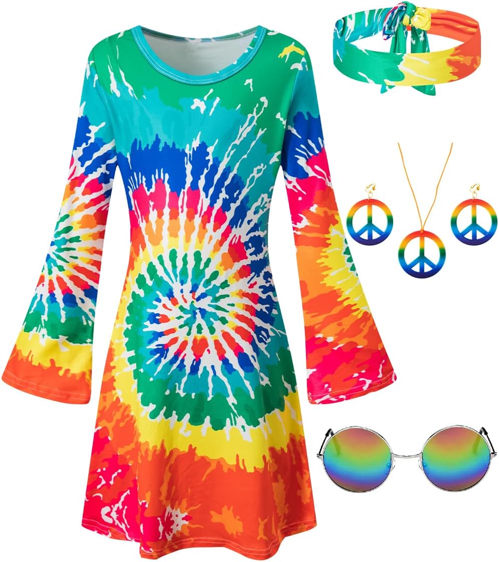 Girls Kids 60s 70s Hippie Costume Dresses Disco Outfits Party Clothes with Necklace Earrings Sunglass