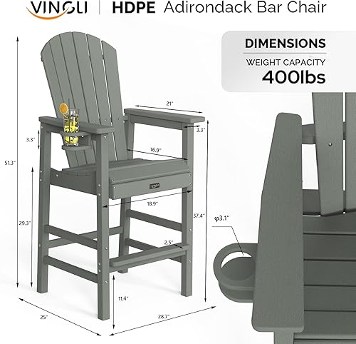 Miniatura 2 de VINGLI Juego de 2 sillas Adirondack altas Adirondack de polietileno de alta densidad con soportes para tazas, sillas de terraza de polietileno para