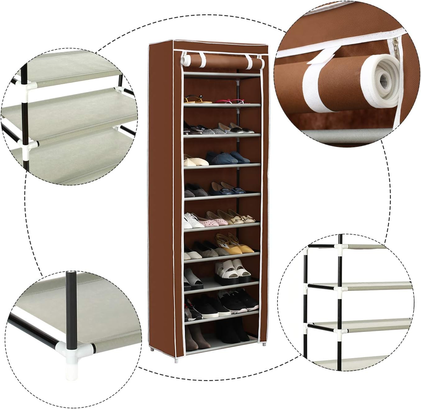 Function Home 10-Tier Shoe Rack with Dustproof Cover 30 Pair Shoe Organizer Shoe Rack Tower Zippered Storage Shoe Cabinet Ideal for Hallway Corridor in Brown