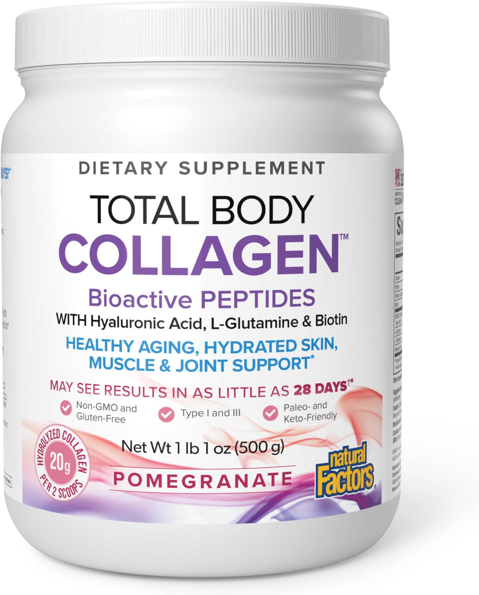 Natural Factors Total Body Collagen - Bioactive Collagen Supplement for Hair & Nail Growth Support - Healthy Skin Supplement with Protein, Vitamin C & More - Pomegranate, 500 g (38 Servings)