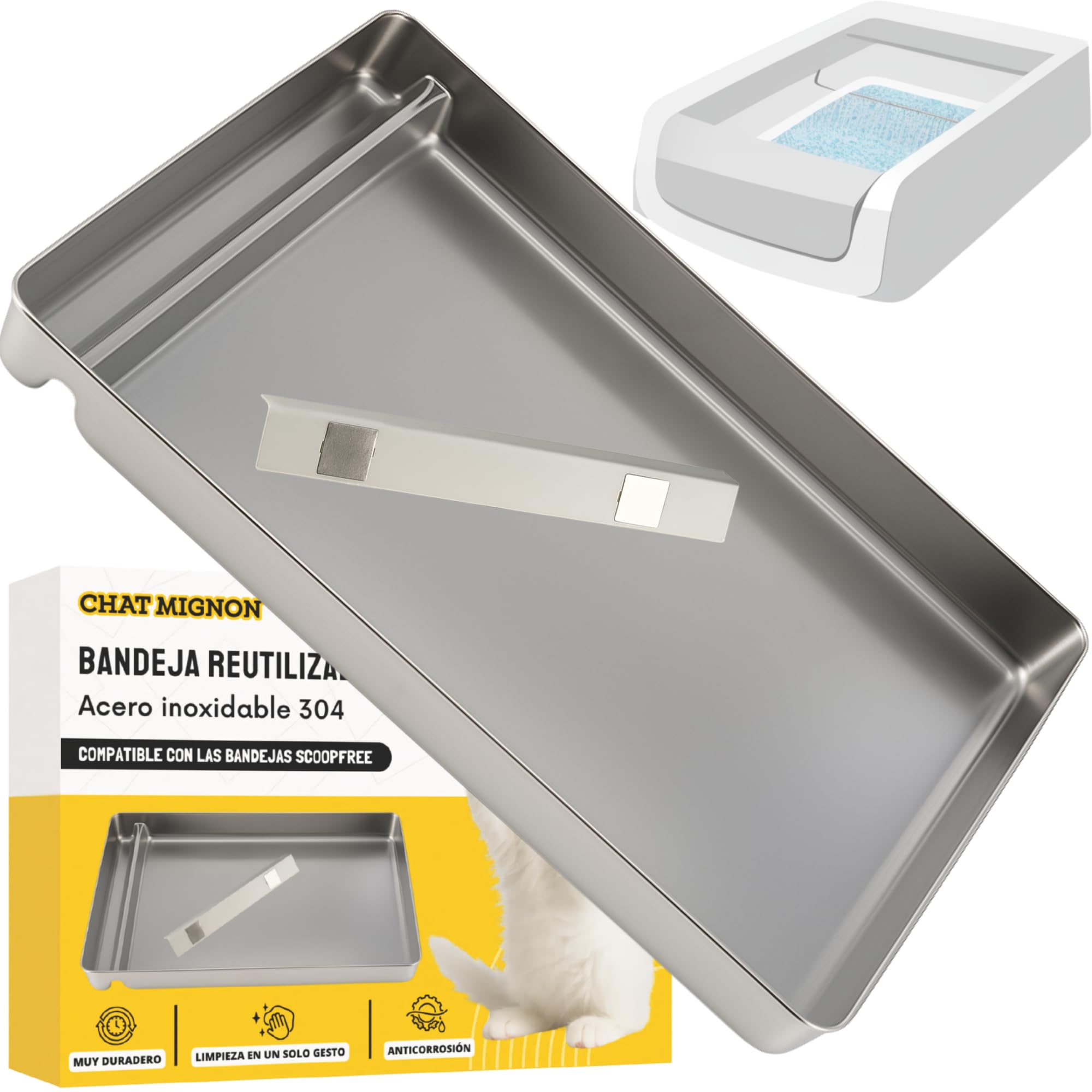 ChatMignon® – Bandeja Higiénica Reutilizable de Acero Inoxidable 304, Compatible con Pet-Safe Scoop-Free, Ultra Resistente, Anti-Olores y Manchas, Ecológica, Esquinas Redondeadas