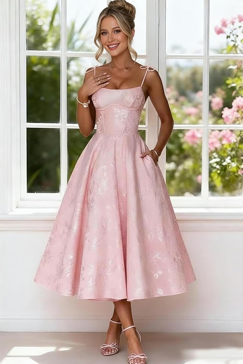 Jacquard Floral Satin Prom Dresses for Women 2026 Spaghetti Straps A-Line Midi Formal Evening Party Gown with Pockets