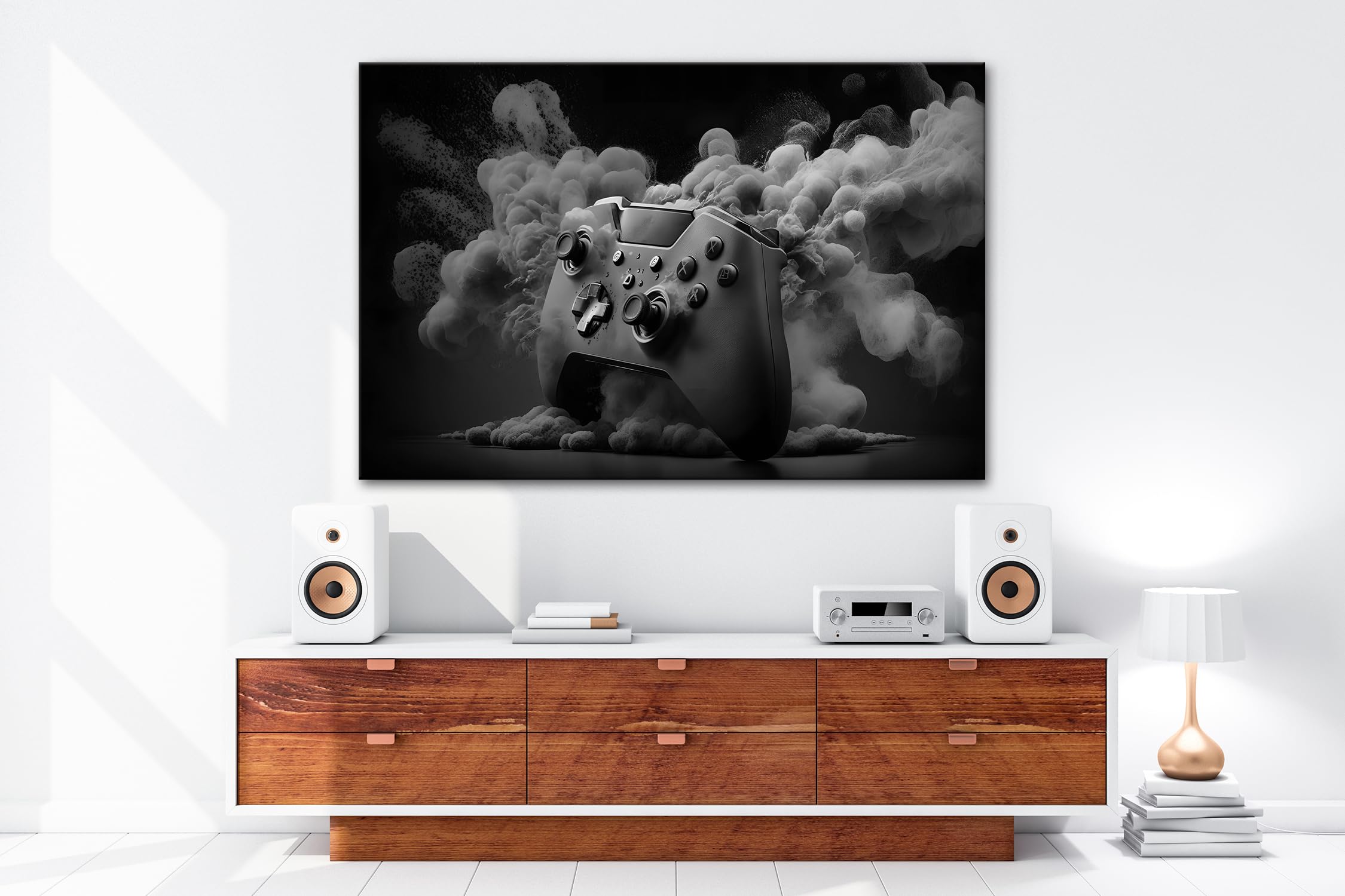 Leinwandbild Gaming trifft Farbe – Controller als Kunst in Bewegung. Format: 100x70cm Effekt:Schwarz&Weiß XXL Kunstdruck Bild auf Keilrahmen/Wandbild/Wohnzimmer Dekoration