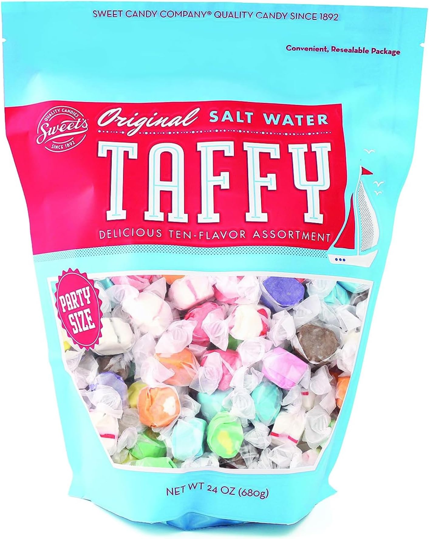 Sweet's, Salt Water Taffy, American Candy, Assorted Sweets, 10 Different Flavours, Party Size Bag, 680 Grams