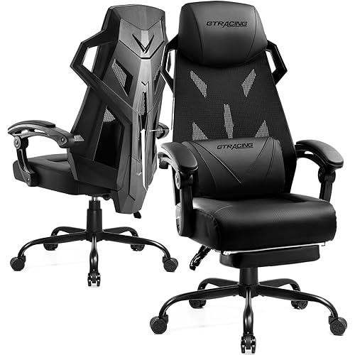 GTRACING Gaming Chair, Computer Chair with Mesh Back, Ergonomic Gaming Chair with Footrest, Reclining Gamer Chair with Adjustable Headrest and Lumbar Support for Gaming and Office (Black)