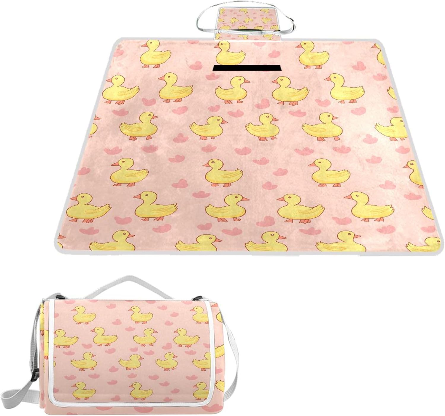 MNSRUU Picnic Blanket Waterproof Foldable, Yellow Duck Large Outdoor Picnic Blanket Beach Blankets Camping Blanket Travel Mat, Shoulder Strap Tote, Rectangle 57x59in