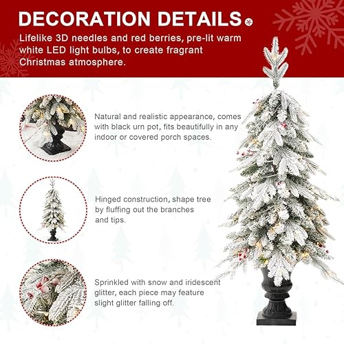 Miniatura 4 de Glitzhome 1 árbol de Navidad artificial de abeto flocado preiluminado, árbol de Navidad de 4 pies con 100 luces blancas cálidas y bayas rojas para