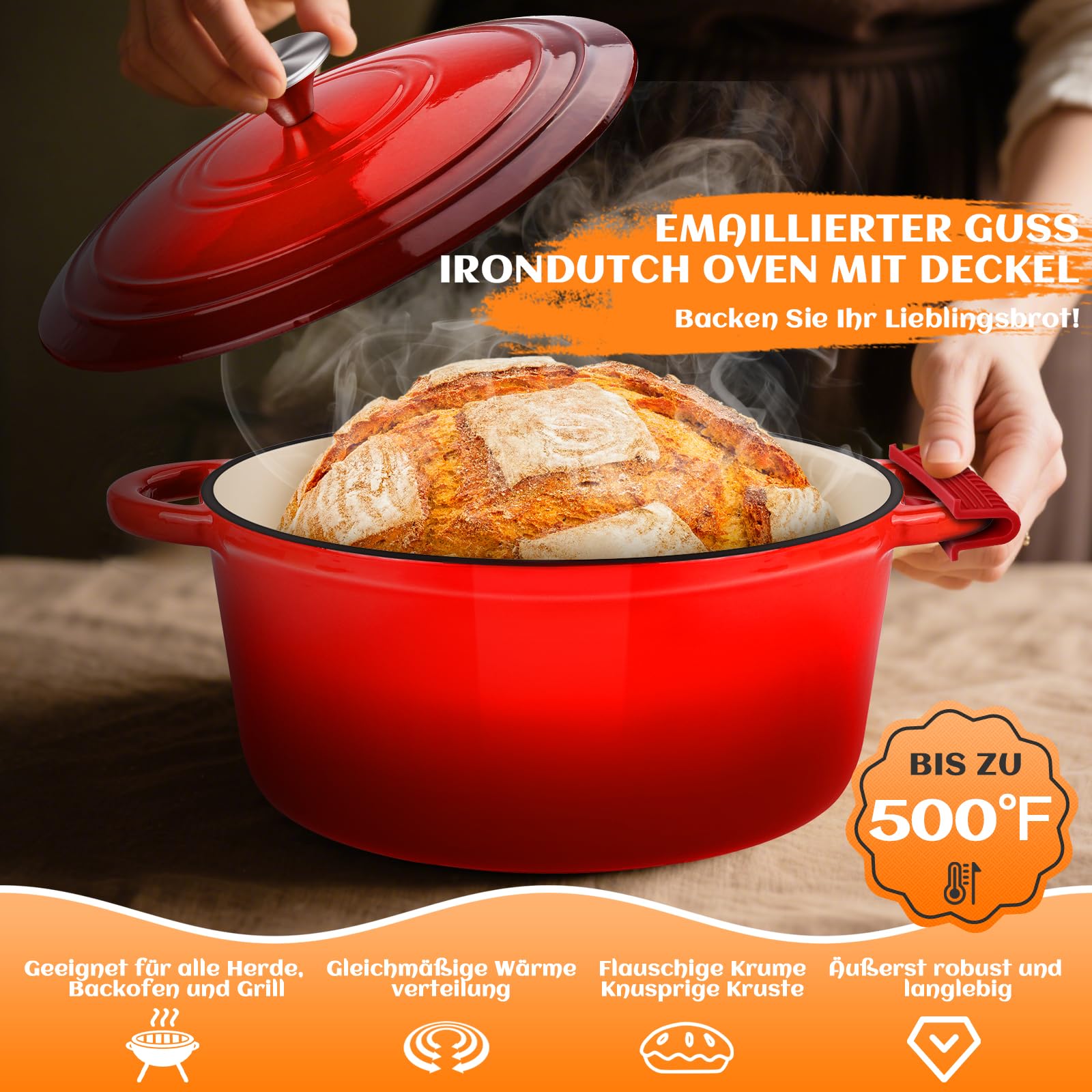 NZQXJXZ Gusseisen Topf Brot Backen, 26cm Emaille Schmortopf mit Deckel Brotbackform mit Banneton Brot Gärkorb Sauerteig Brotbacken Zubehör, 2-in-1 Brotbacktopf mit Pfanne Deckel Kochen Pan