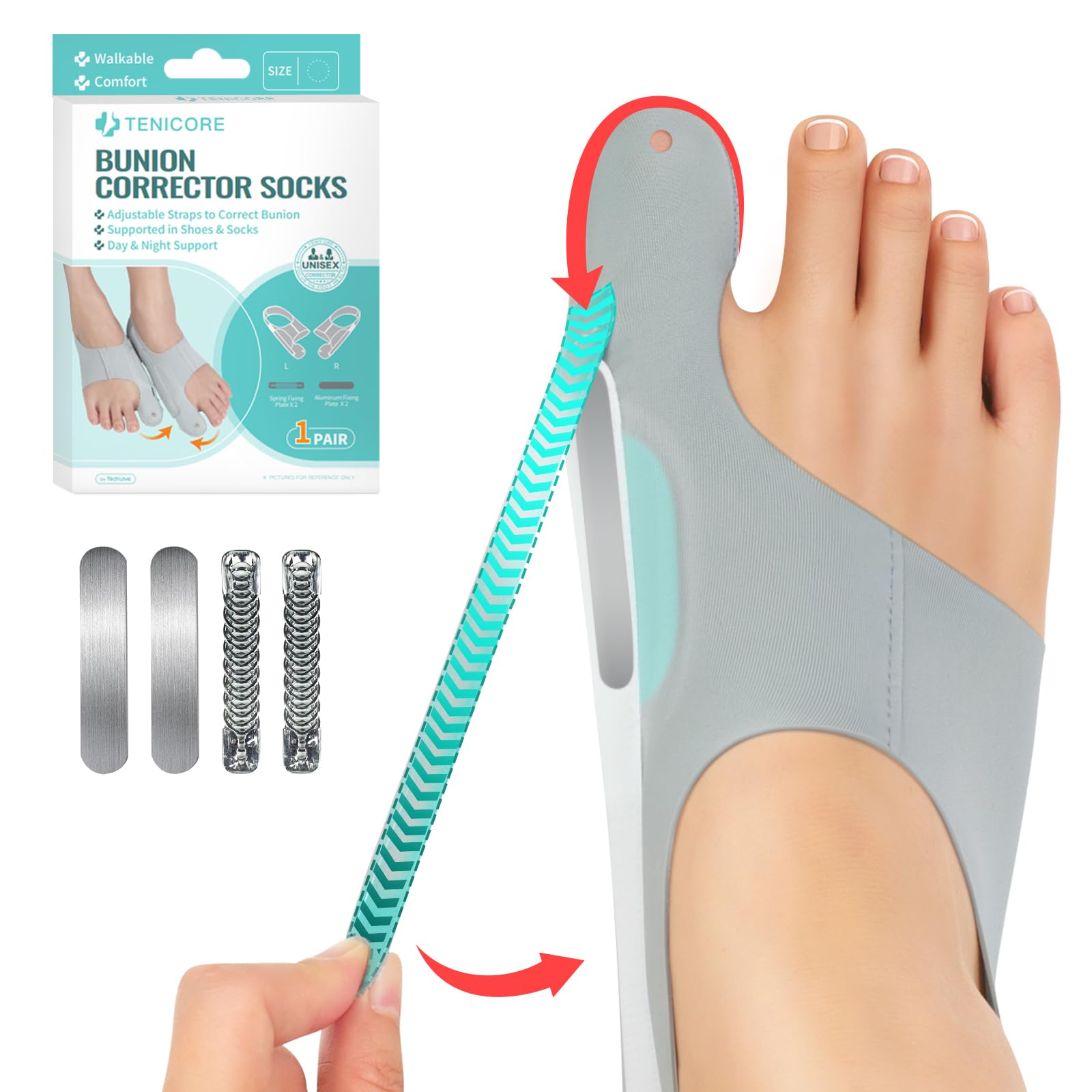 1 Pair Bunion Corrector for Women Men, Bunion Socks in Shoes with Gel Cushion Pads for Big Toe Pain Relief, Adjustable Toe Corrector Bunion Sleeves with 4 PCS Fixing Plates for Day Night Support Fix Bunions (Medium)