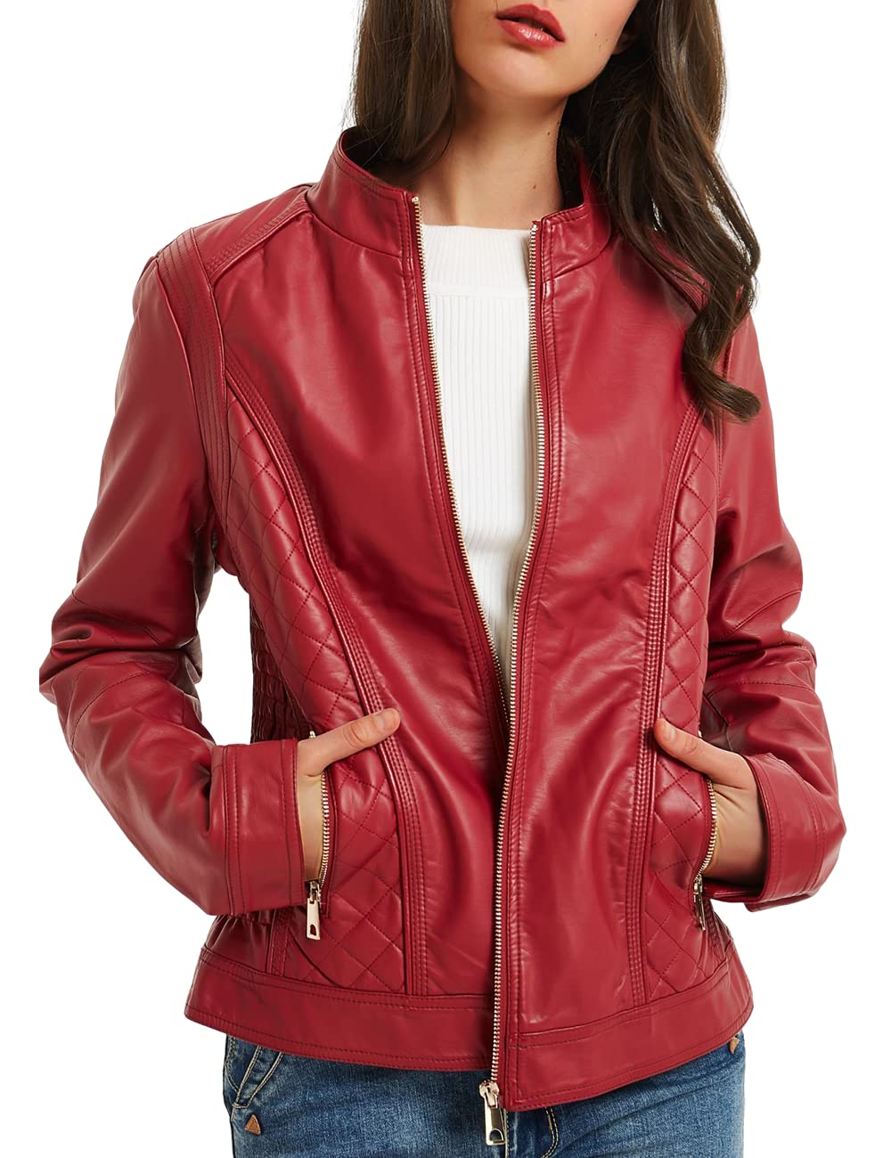 BELLIVERA Women's Faux Leather Jacket Spring Fall Outwear Short Moto Biker Coat