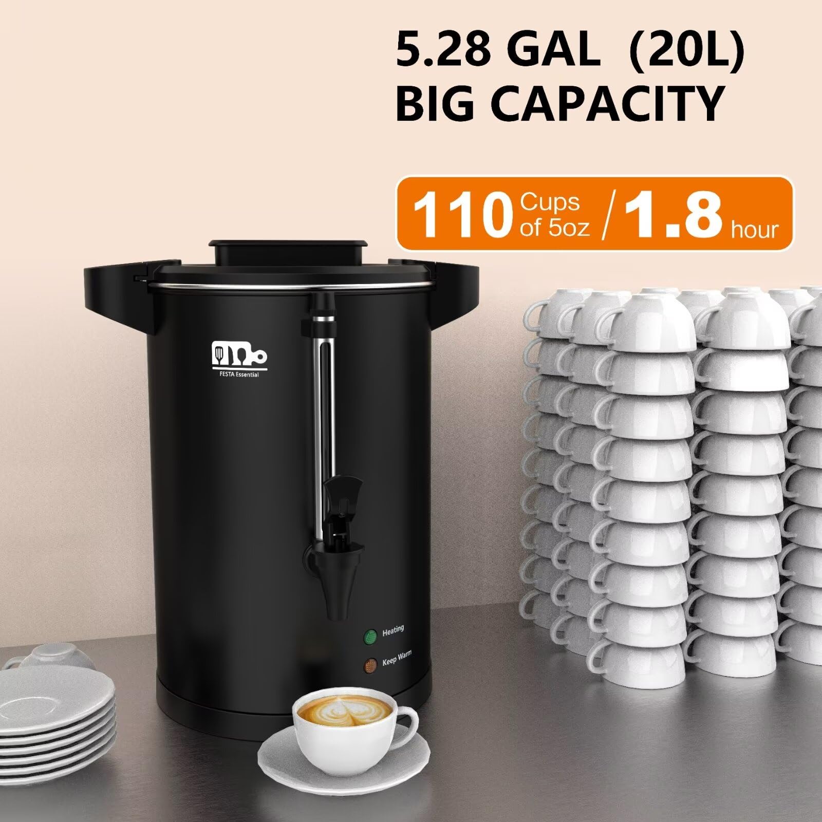 110-Cup 20L Commercial Coffee Urn, Festa Essential 1500W Double Wall Large Percolate Coffee Maker Stainless Steel Hot Water Urn Dispenser with Double Dripless Faucet, Quick-Brewing for Catering, Black