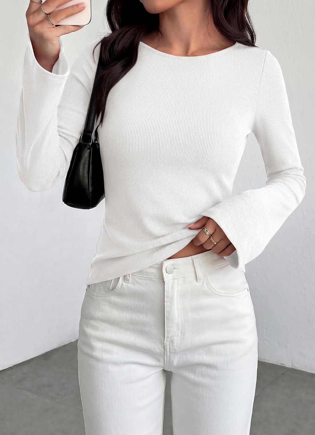 BTFBM Long Sleeve Shirts for Women 2026 Spring Y2K Clothes Casual Boat Neck Bell Sleeve Fitted Fall Going Out Tops - Image 2