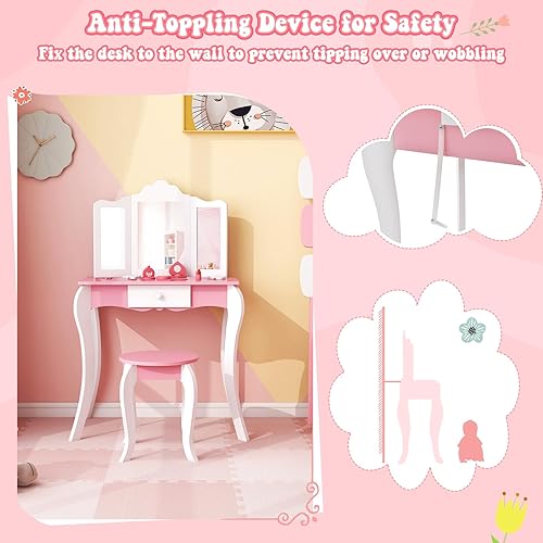 Miniatura 3 de Costzon Juego de mesa y silla para niños, juego de tocador para niñas con espejo y taburete, cajón de almacenamiento, tocador de maquillaje de