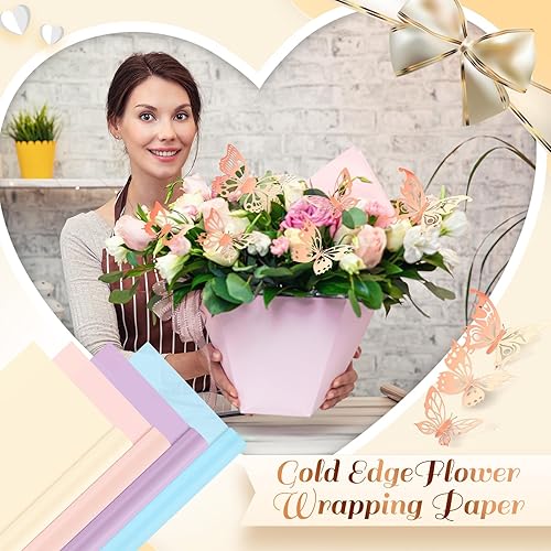 Miniatura 6 de Jetec Juego de 320 piezas de papel de regalo de flores, 200 hojas de papel de regalo floral con 120 piezas 3D de mariposa dorada para decoración de