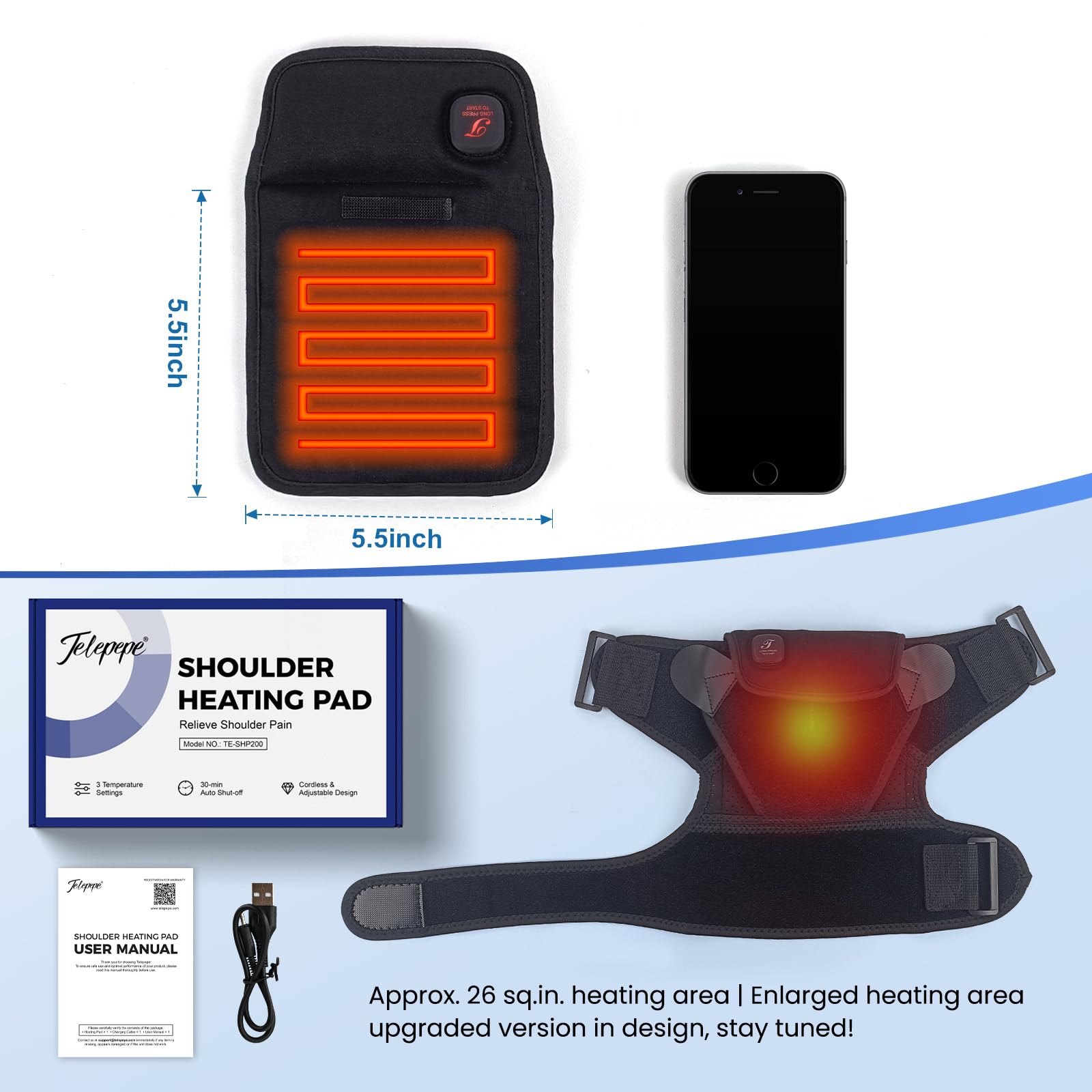 Almohadilla térmica de hombro inalámbrica, soporte de hombro térmico para manguito rotador congelado, 3 niveles de calor, batería recargable de 3000 mAh, envoltura de hombro para aliviar el