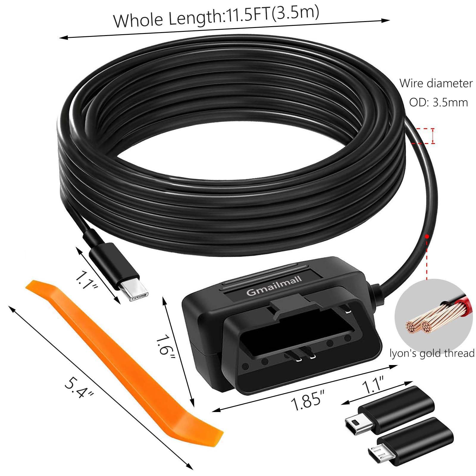 OBD2 Power Cable For Dash Cam - 3.5M Mini USB Hardwire Charger With Low Voltage Protection & Switch