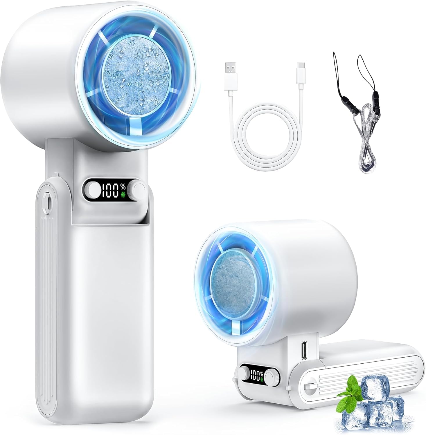 携帯扇風機 ハンディファン 【2026新モデル 冷却プレート付き 4in1】 超高速強風量 手持ち扇風機 -20℃ 瞬間冷感 超伝導デュアルコア 6000mAh 長時間持続使用 充電式USB扇風機 100段階風力調節 7枚羽根 強力 ストラップ付き 液晶画面 残量表示 小型 軽量 静音 安全設計 夏祭り 熱中症対策 花火大会 暑さ対策 白い