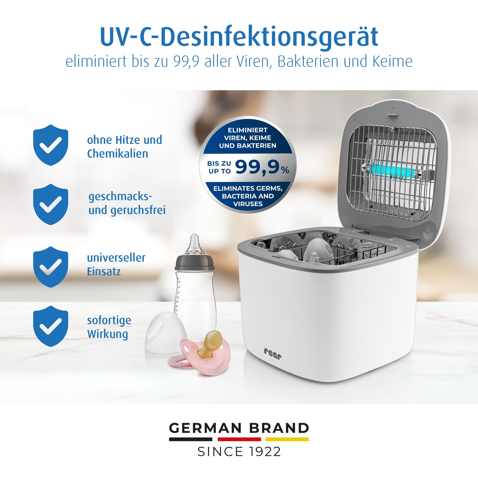 reer UV-C Desinfektionsgerät mit Trocknungsfunktion | Sterilisator für Babyflaschen und Baby Zubehör | Flaschensterilisator