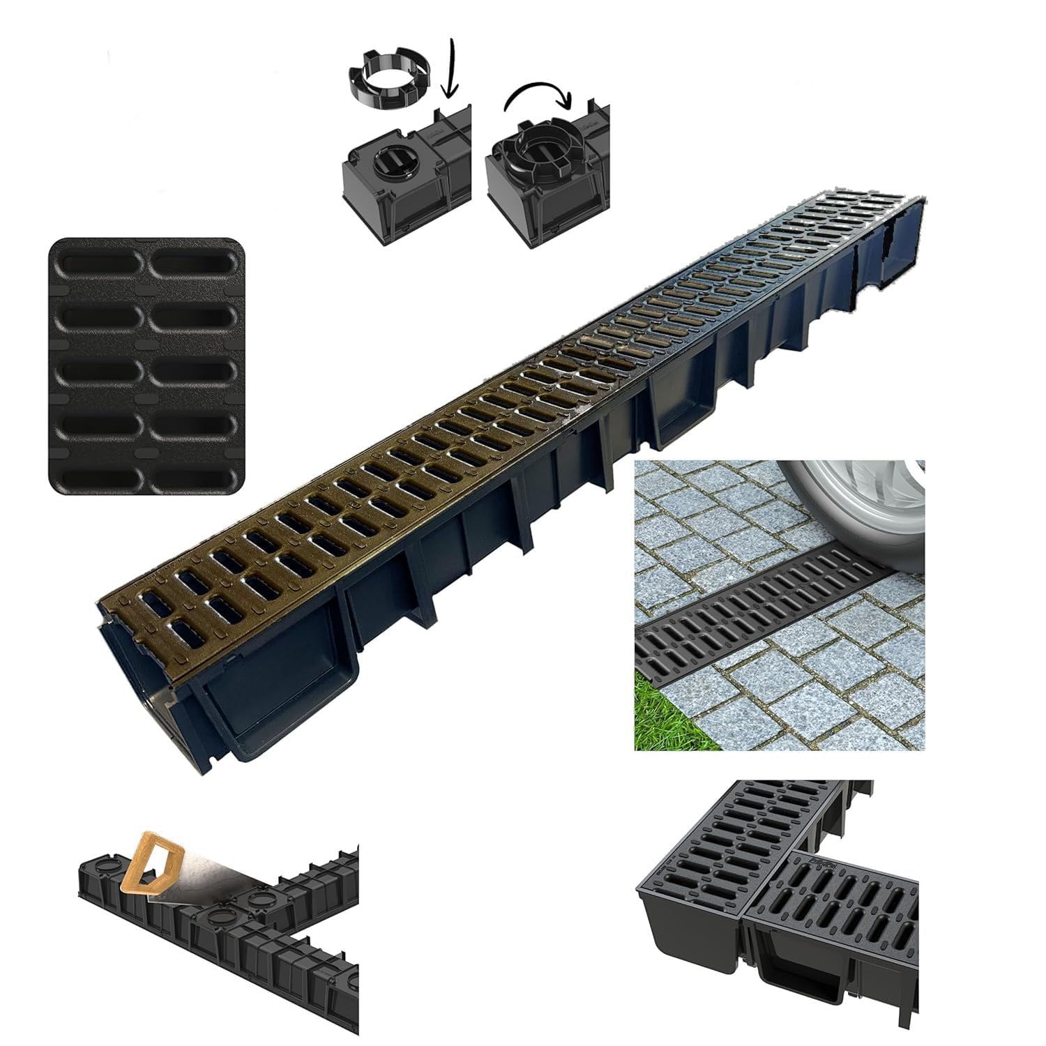 8x Novadrain High Flow Drain Channels 1m with Endcap Outlet Pack