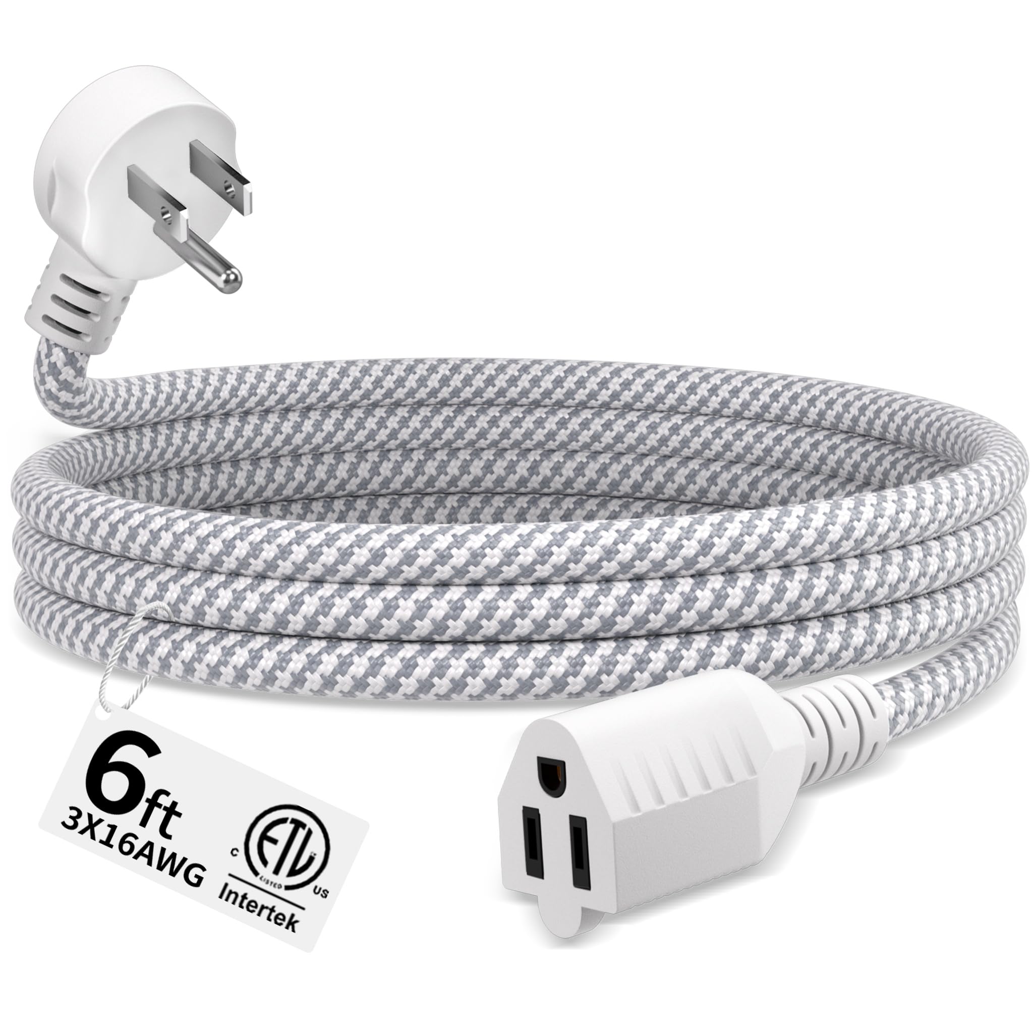 Seeklyze 16 Gauge Braided Extension Cord 6 FT, 16/3 Flat Plug Power Cord Indoor, 3 Prong White Extension Cable Flexible for Home Dorm Room Essentials,