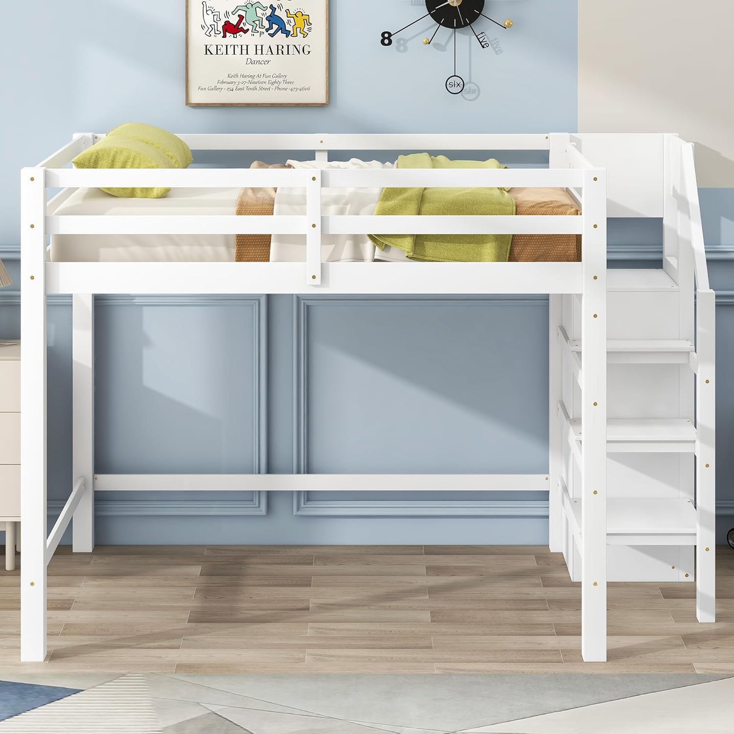 Polibi Full Size Wooden Loft Bed with Built-in Wardrobe and Staircase, Multi-Functional Space-Saving Storage Bed Frame with Guardrails, No Box Spring Required, White