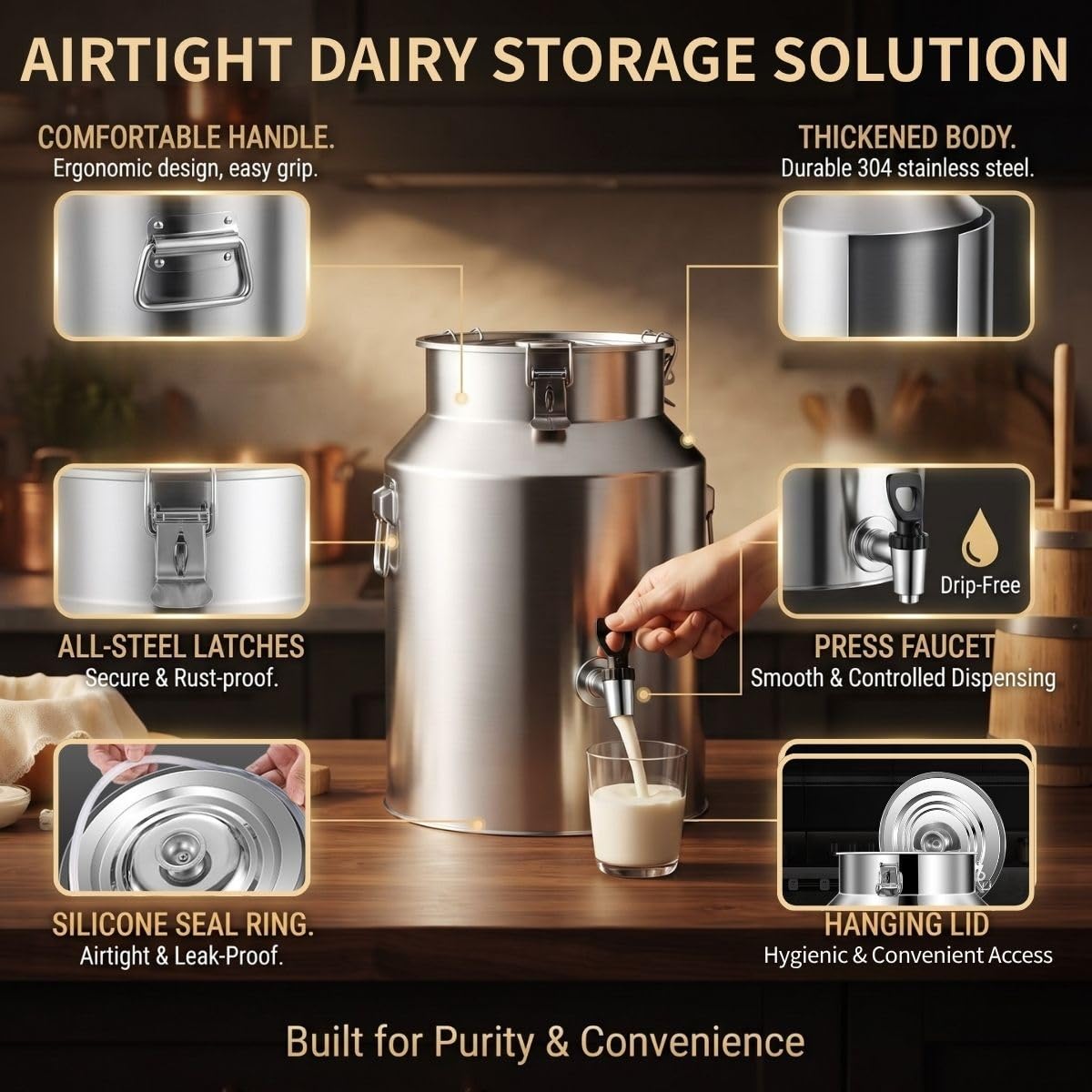 Bidón de Acero Inoxidable con Grifo, Cántara de Leche, Barril de Cerveza | Cubo Hermético con Tapa para Aceite Vino Agua, Jarra Antiderrames para Uso Doméstico y Granja(With Spigot,48L/12.68Gal)