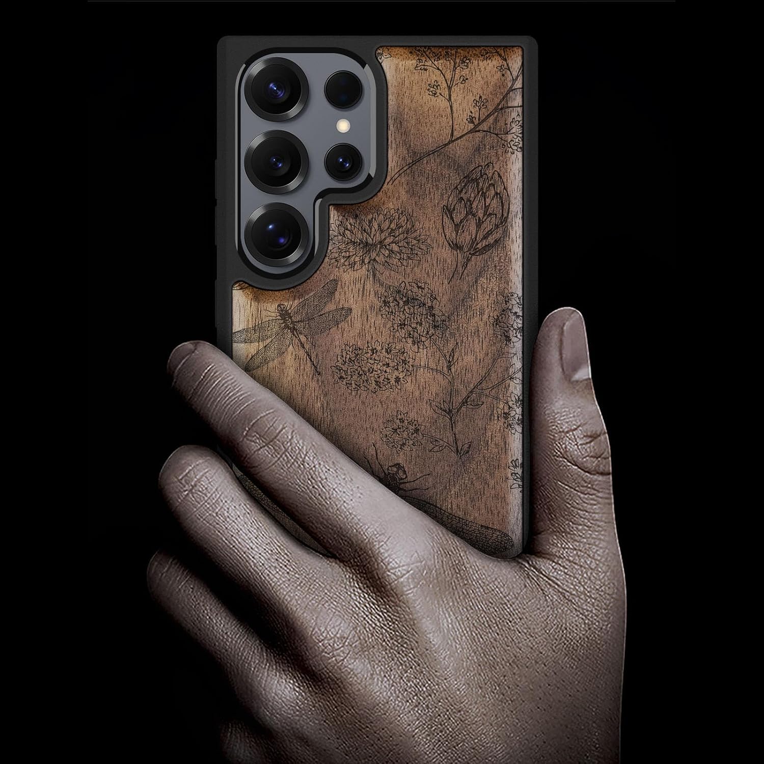 Carveit Magnetic Wooden Case for Samsung Galaxy S25 Ultra Case 2025, TPU Shockproof Cover & Wood Artisan Engraved, Compatible with MagSafe Wireless Chargers (The Dragonfly Dance) Walnut
